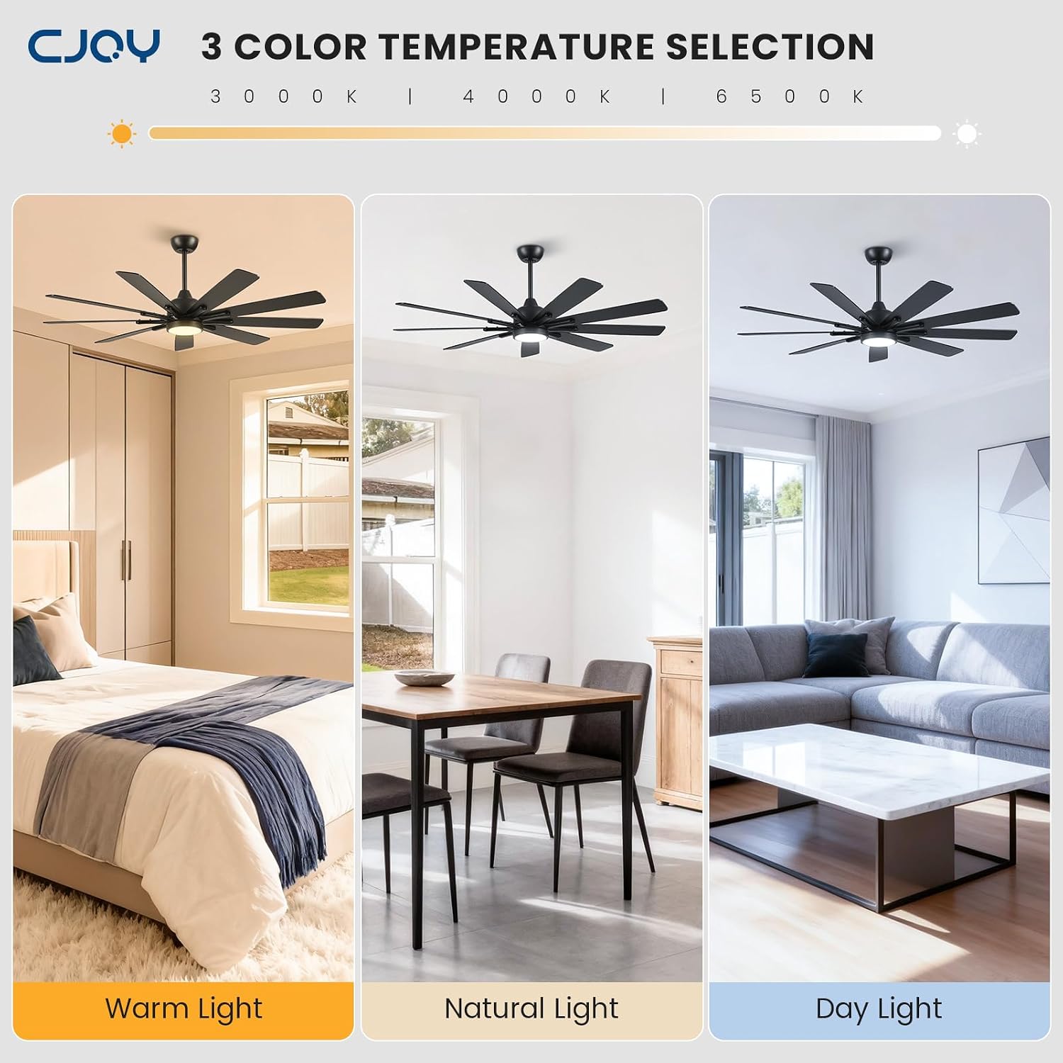 62 Inch Ceiling Fan with Light，Indoor/Outdoor Black Large Ceiling Fans with Lights and Remote for Kitchen Living Room Patio, 9 Blade Reversible Quiet DC Motor,6 Speeds,3 CCT(Dual Finish )