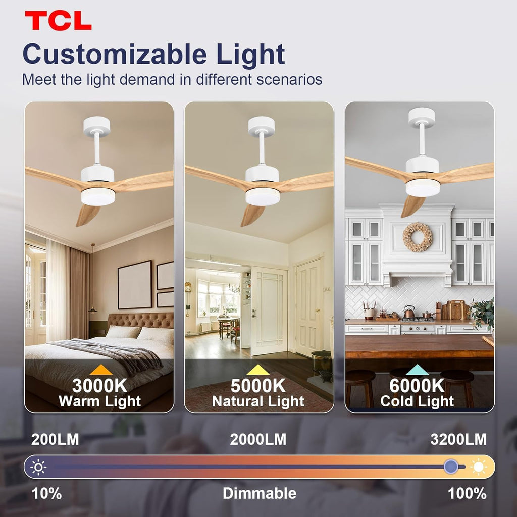 TCL Ceiling Fans with Light and Remote: 52 inch 3 Wooden Blades 3 Dimmable LED Fan for Room Indoor Modern Farmhouse Decor - 6 Speed Memory DC Reversible Fan Lights (Natural Wood, 52 Inch)