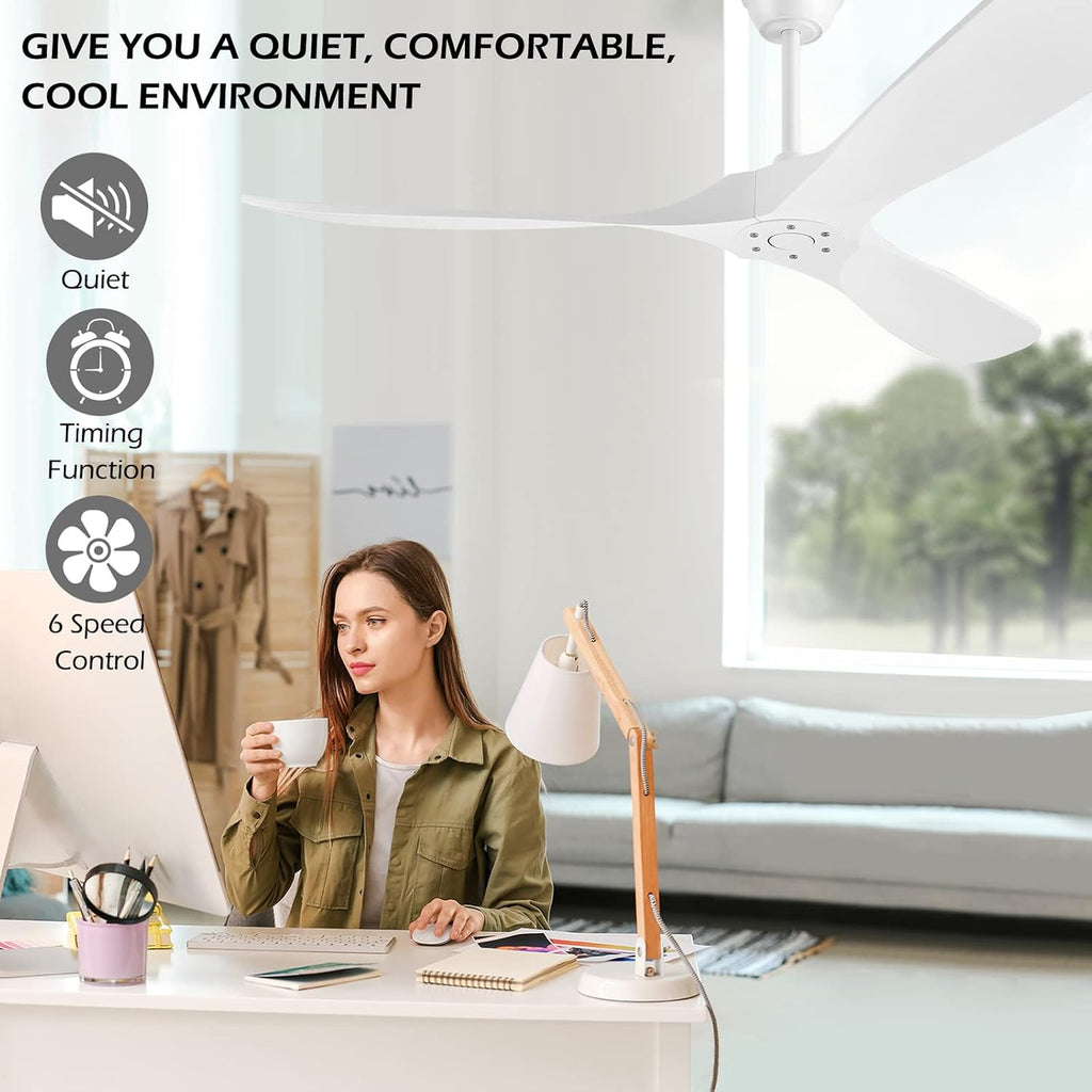52 Inch White Ceiling Fan No Light ，Wood Outdoor Ceiling Fans for Patios Living Room Bedroom Dc Reversible Modern Ceiling Fan Without Light with Remote Control
