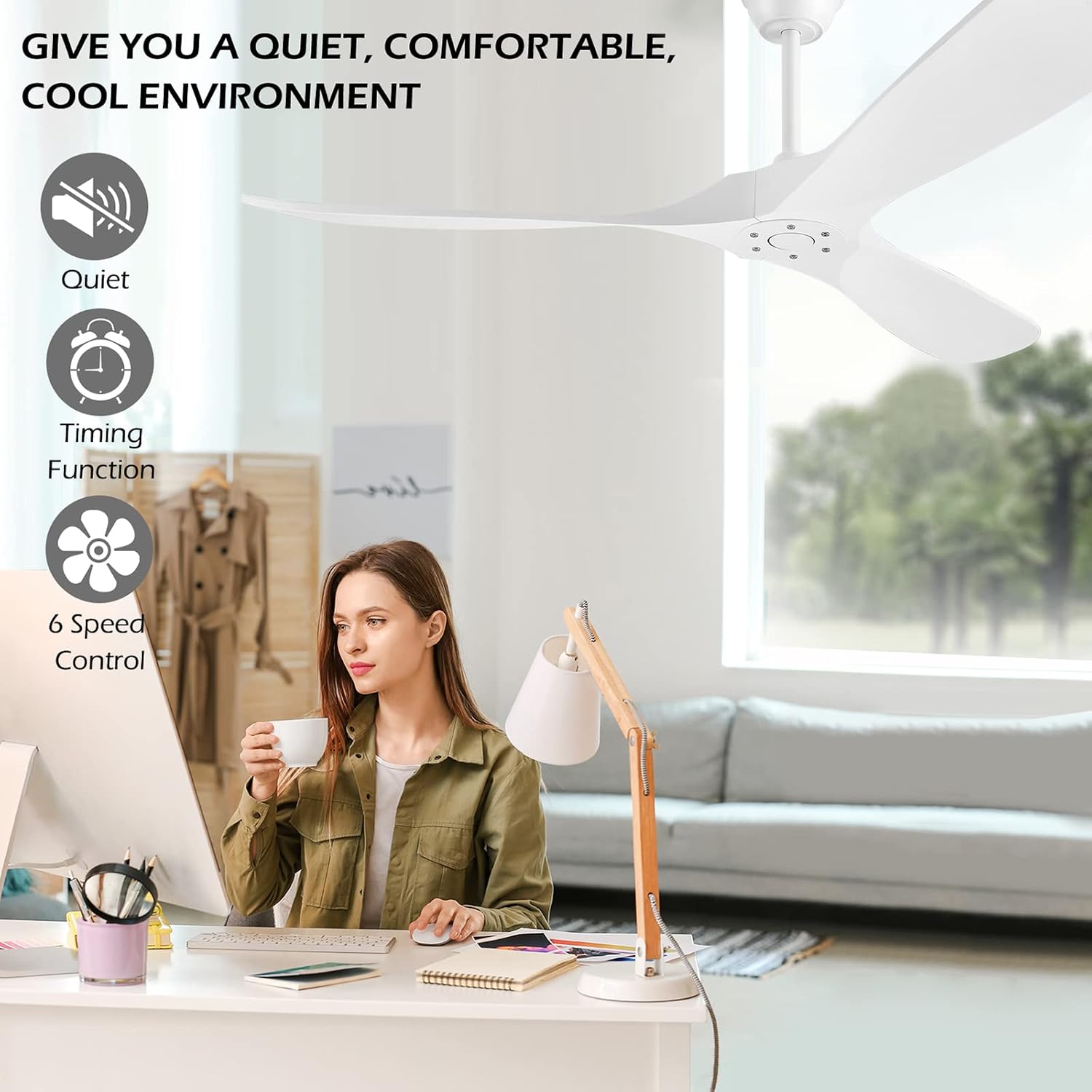 52 Inch White Ceiling Fan No Light ，Wood Outdoor Ceiling Fans for Patios Living Room Bedroom Dc Reversible Modern Ceiling Fan Without Light with Remote Control