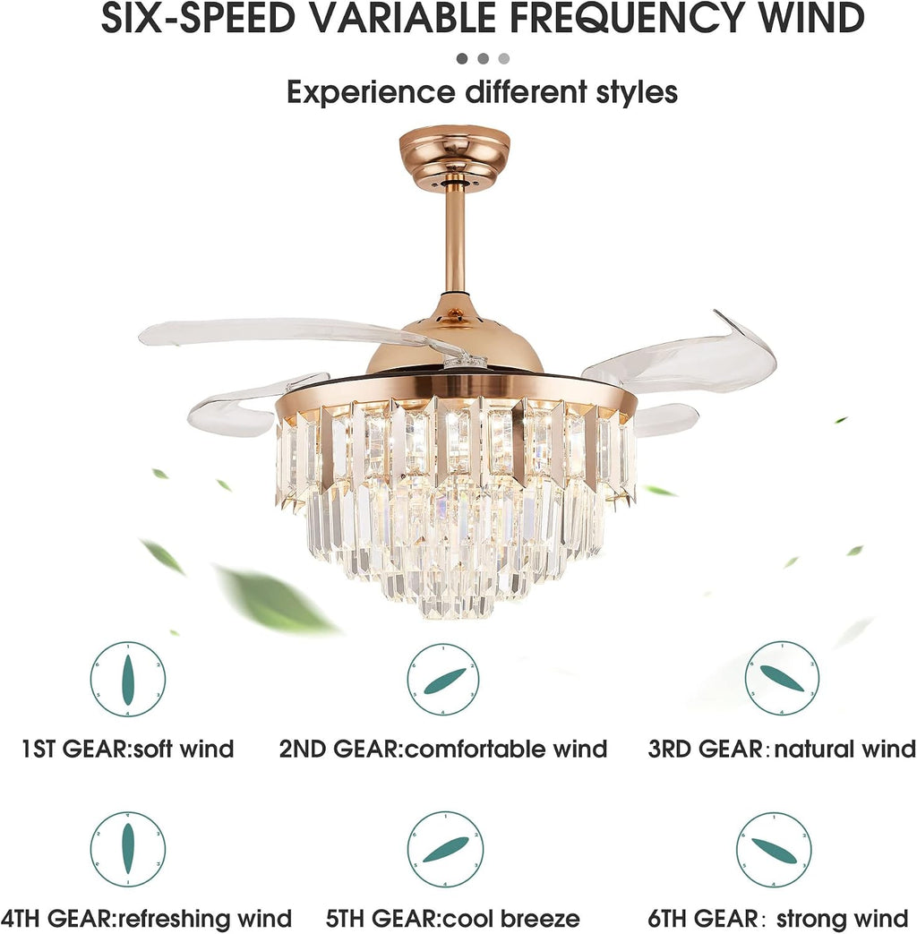 Crystal LED Ceiling Fans with Lights and Remote Controller 42 Inches Modern Fandelier Ceiling Lighting Fixture Crystal Fan Light Kit for Bedroom Dinning Room Living Room (Gold)