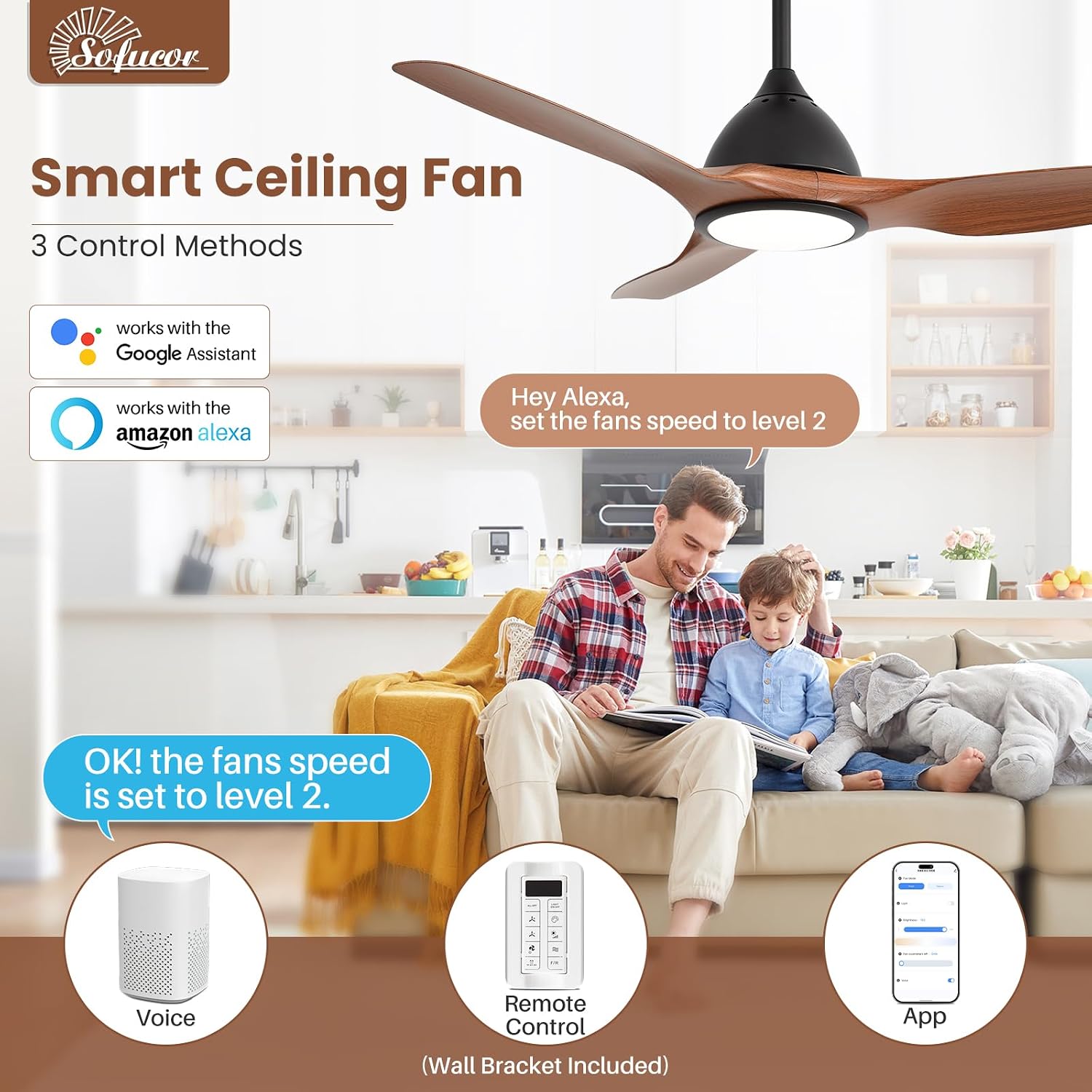 Sofucor 52 Inch Smart Ceiling Fan with Light, Modern Ceiling Fan with 3 Plastic Blade, Quiet, Dimmable, Compatible with Alexa/Google/App, 6 Speeds 7000CFM, Timer Quiet Reversible DC Motor, ETL, Brown