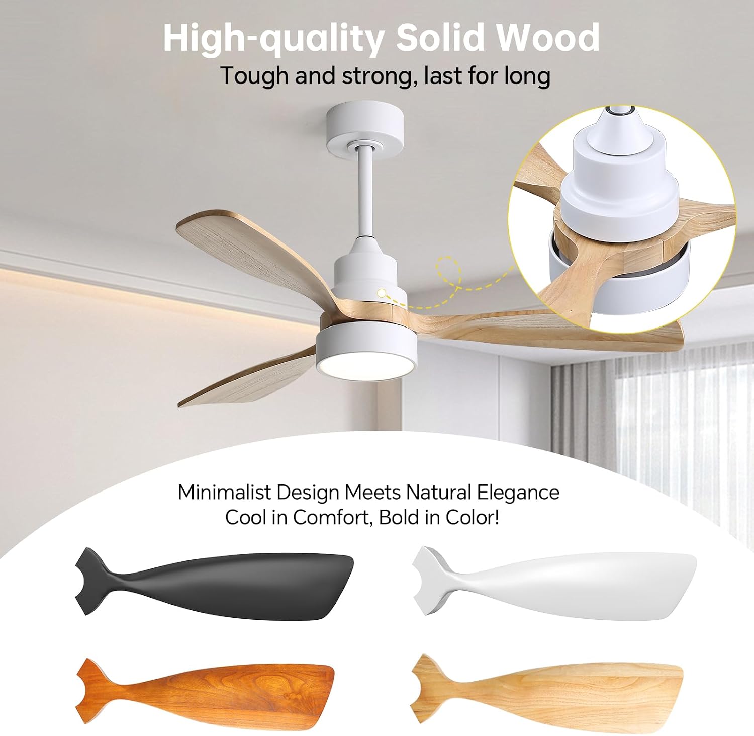 CACI Mall 48 inch Ceiling Fans with Lights, Smart Indoor/Outdoor Ceiling Fan, Remote Control, Compatible with Alexa/Google, Small 3 Blade Solid Wood Ceiling Fans for Bedroom Patio