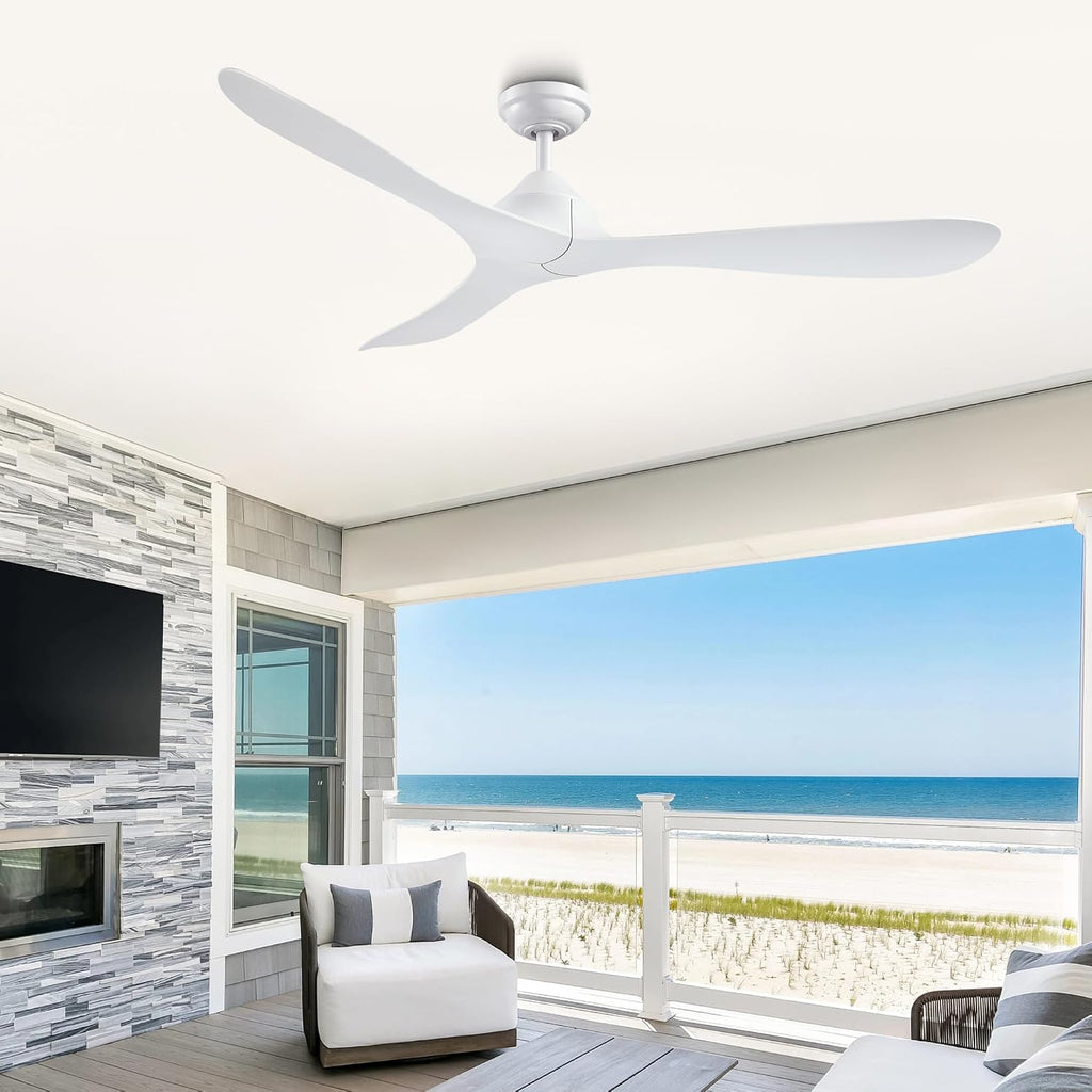 White Ceiling Fan No Light with Remote 56 Inch Modern DC Motor Ceiling Fans without Lights for Bedroom Living Room, Outdoor Ceiling Fans for Patios, 6 Speeds, Reversible 3 Blades, Ventilador de Techo