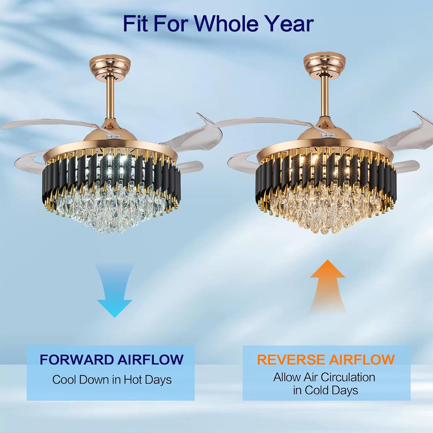 48' Dimmable Black and Gold Crystal Chandelier with Fan, Gold Fandelier Ceiling Fans with Lights and Remote Modern Retractable Blade Ceiling Fans for Dinning Room Living Room Kitchen