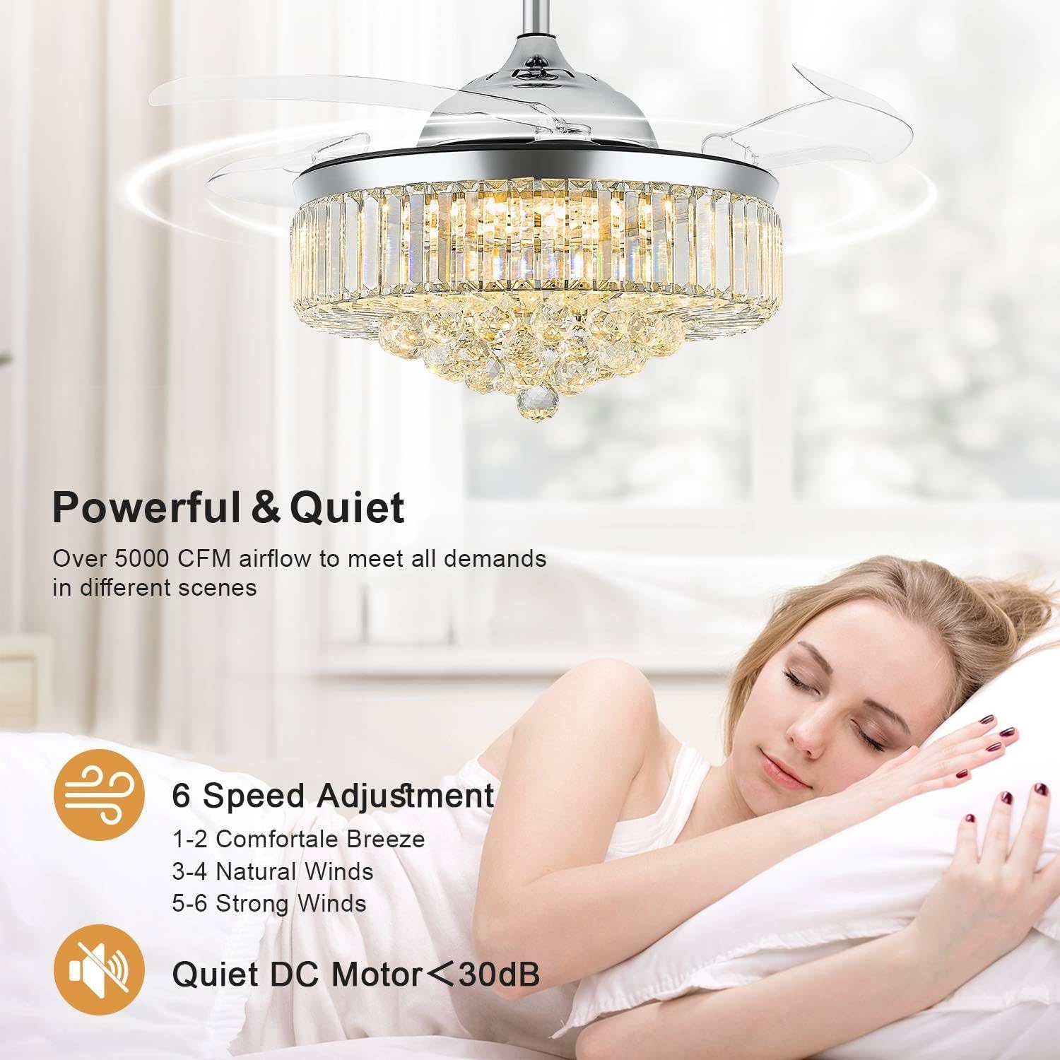 48 Inch Fandelier Ceiling Fans with Light, Chandelier Ceiling Fan, Retractable Ceiling Fan for Bedroom, Living Room, 3 Color Change, LED Dimmable, 6 Speeds, Reversible DC Motor- Chrome