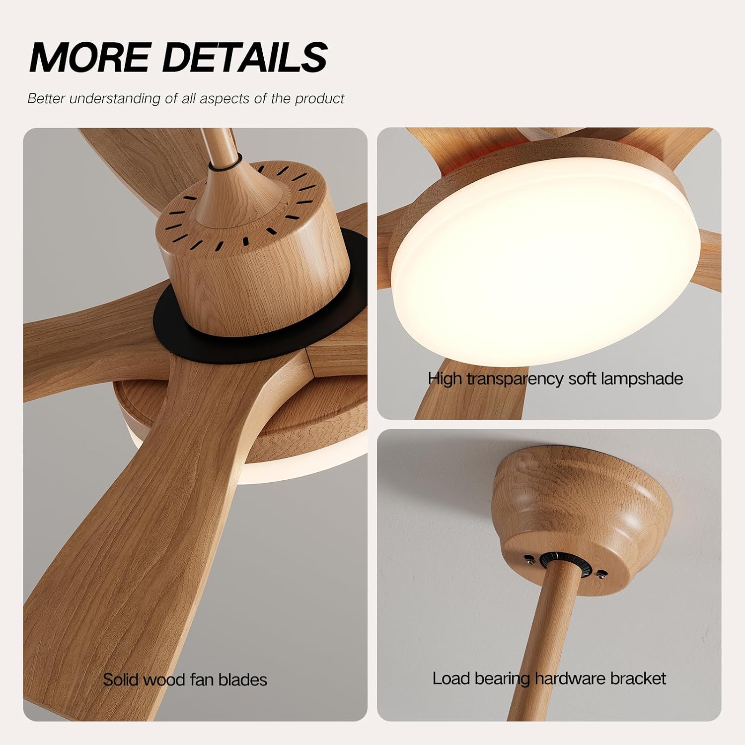 46 Inch Wood Ceiling Fan with Remote, Solid Wood 5 Blade Ceiling Fan with Light, Burlywood Rustic Flush Mount for Patios, Living Room, Dining Room, Bedroom, Farmhouse