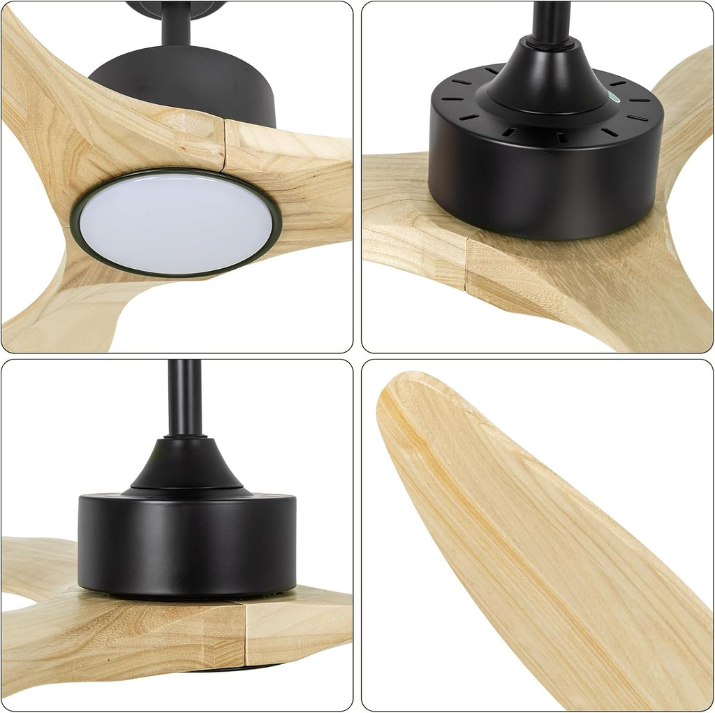 52 inch Ceiling Fans with Lights and Remote, 3 Natural Wood Blades, Modern Indoor/Outdoor Ceiling Fan for Living Room Bedroom Farmhouse Patio, 6 Speeds, Dimmable, Noiseless Reversible DC Motor