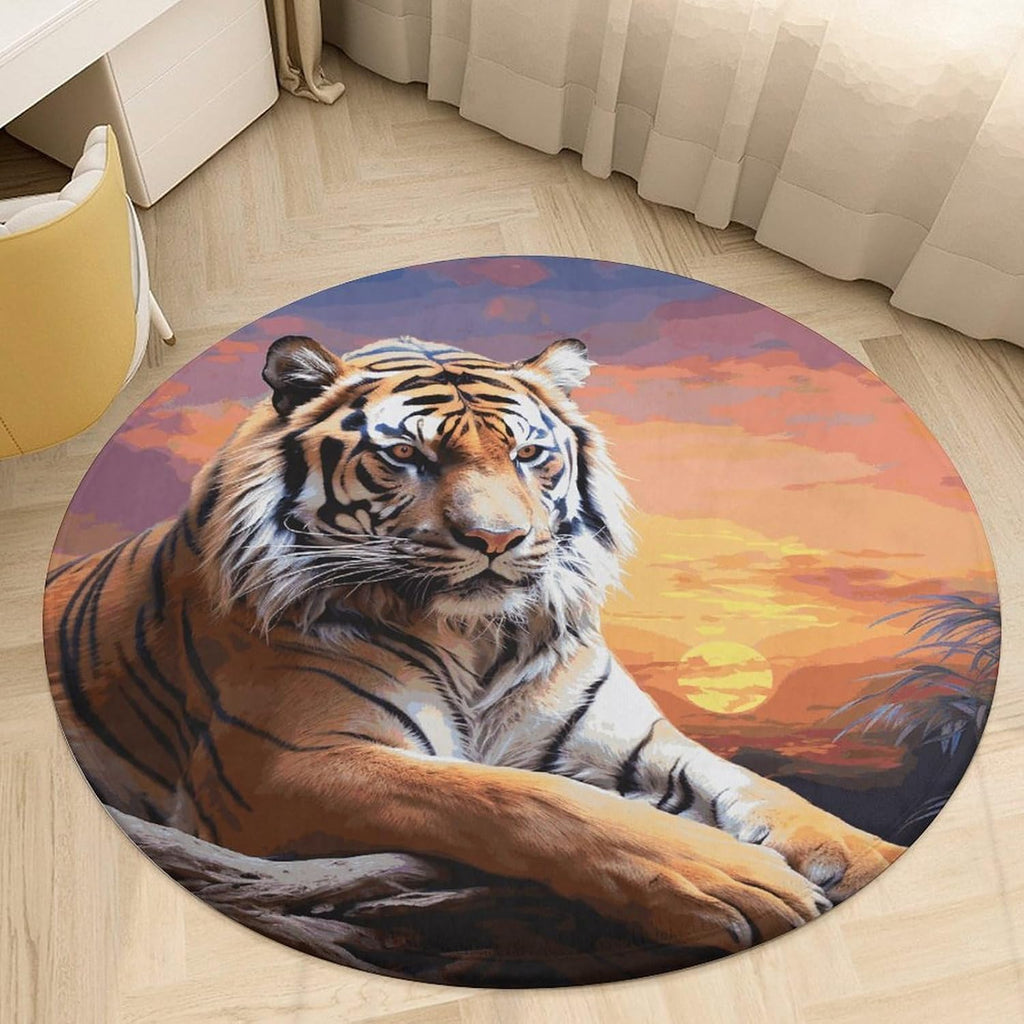 Tiger Colorful Sunset Coral Velvet Round Floor Mat Non-Slip Bath Rug Floor Covering for Bathroom Vanity Guest Suite & Vacation Home