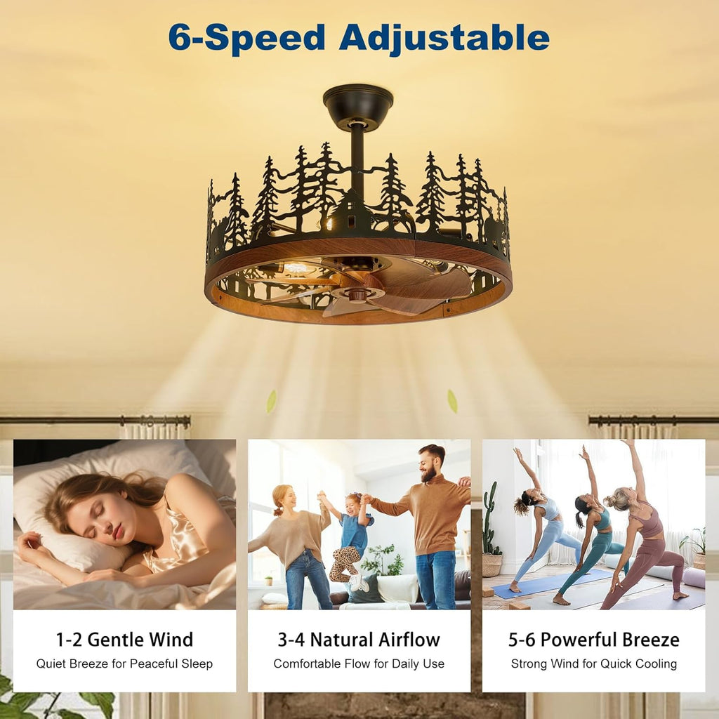 23.6 Inch Farmhouse Rustic Ceiling Fans with Lights, Vintage Walnut Wheels Flush Mount Bladeless Chandeliers Fan, Adjustable Height, Black Caged Fandelier Ceiling Fan Light for Living Room