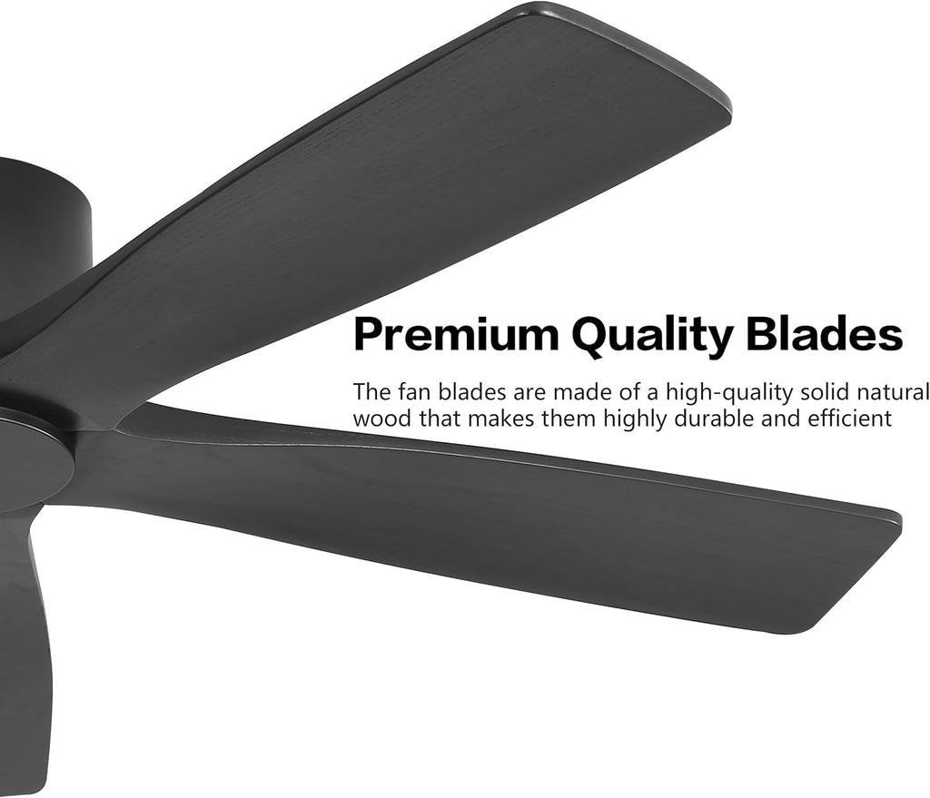WINGBO 54' Flush Mount DC Ceiling Fans Without Lights, 5 Carved Solid Wood Blades, 6-Speed Reversible DC Motor, Low Profile Hugger Ceiling Fan No Lights for Living Room Bedroom Patio, Matte Black