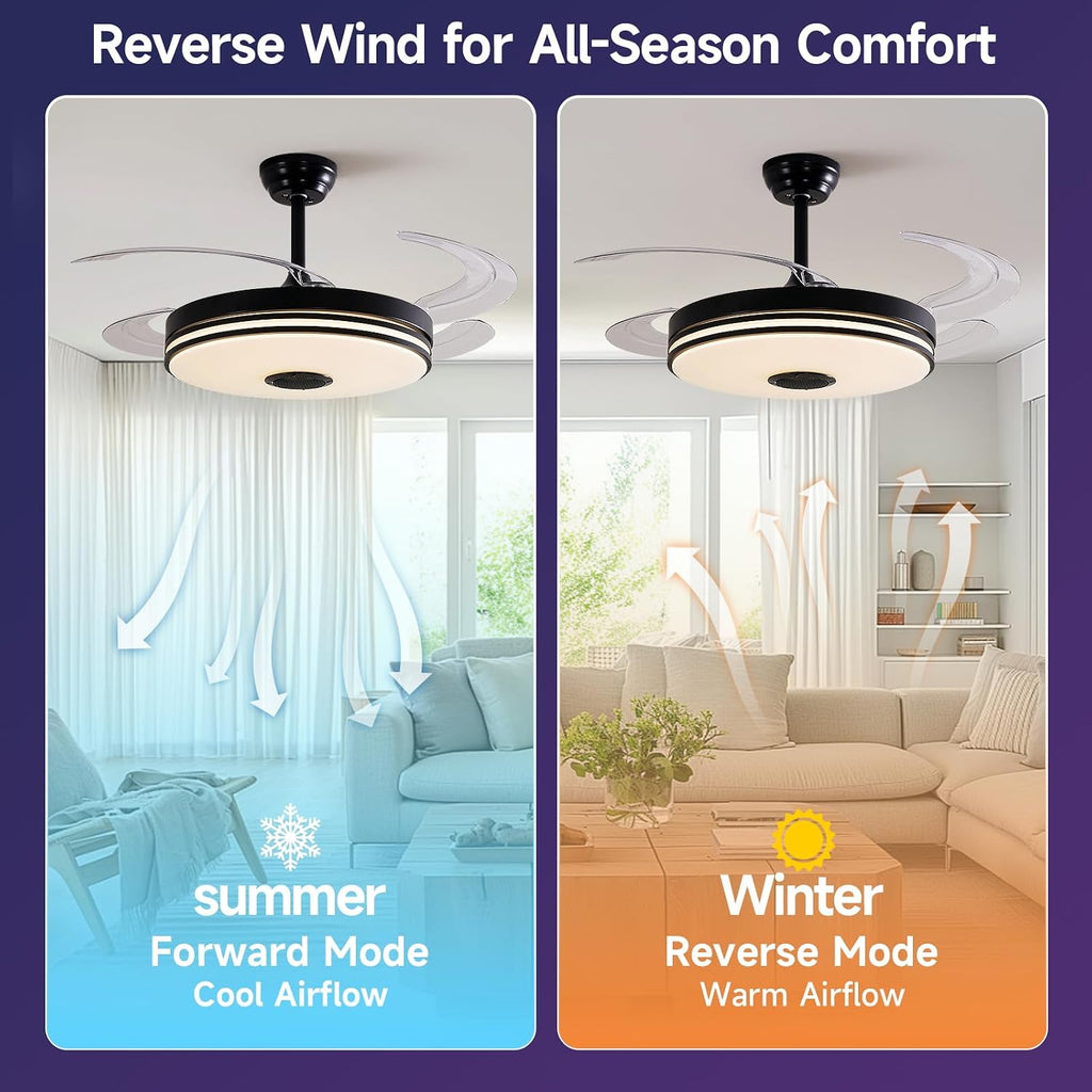 48 Inch Retractable Ceiling Fans with Lights, RGB Ceiling Fan with Remote Control,Speaker, Dimmable, 6 Speed Reversible Smart Ceiling Fans for Living Room Bedroom