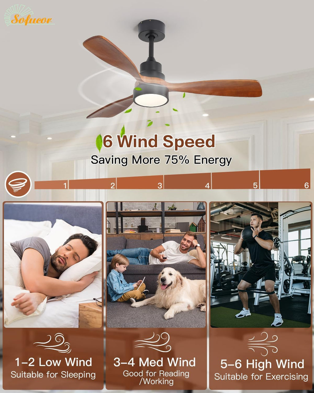 Sofucor 48 Inch Smart Ceiling Fans with Lights-Flush Mount & Downrod Mount Modern Outdoor Ceiling Fans with Alexa/Google Assistant/APP/Remote Control for Bedroom/Farmhouse/Patio, Black & Walnut