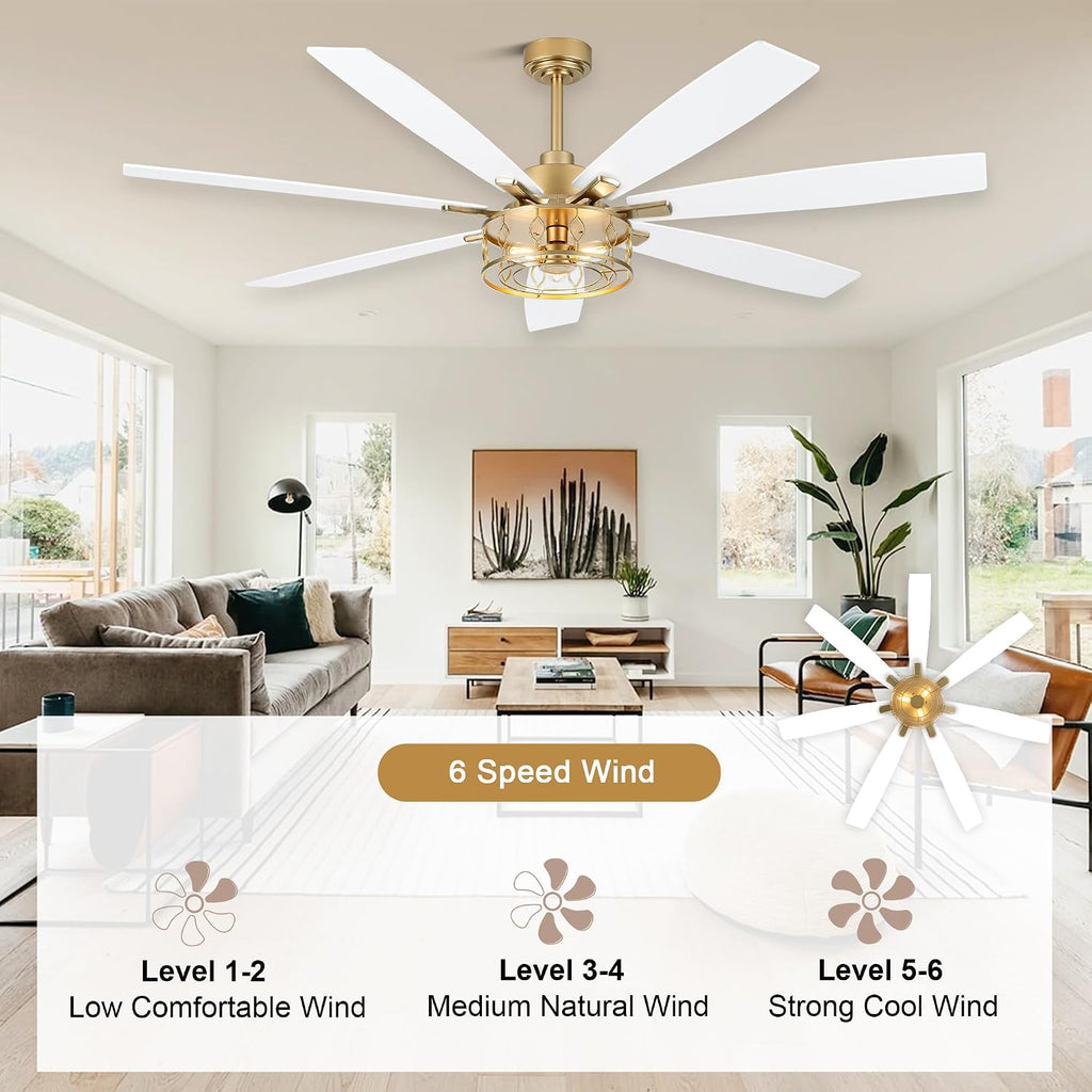 72 Inch White and Gold Ceiling Fan with Lights Fandelier Ceiling Fan Modern Caged Chandelier Farmhouse Fandeliers with Lights and Remote for Living Room Indoor Outdoor, Reversible 6 Speeds