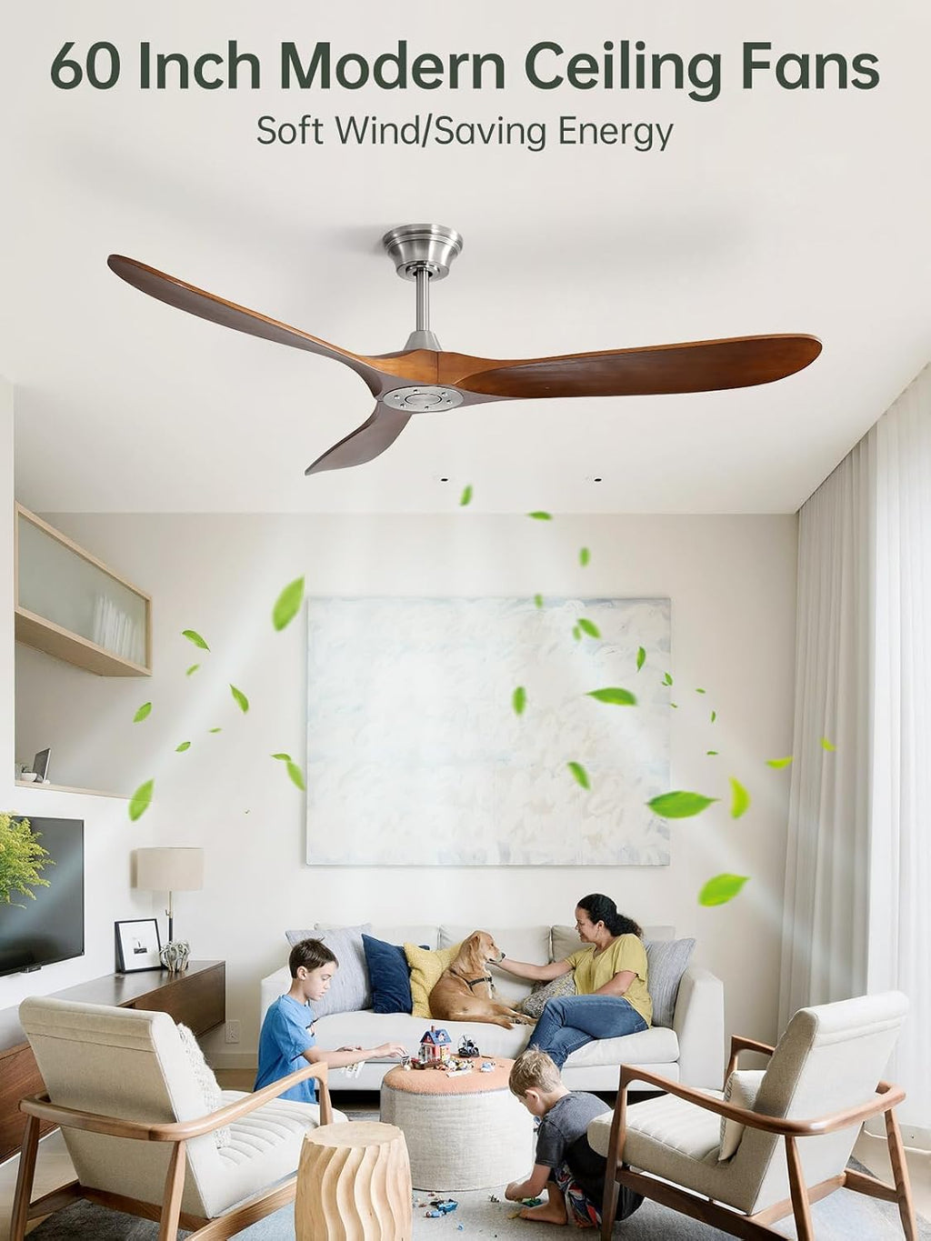 Sofucor 60 Inch Ceiling Fans No Light-Outdoor Ceiling Fan with Remote Control, Reversible DC Motor, Modern Wood Ceiling Fan Without Light for Bedroom Indoor Patios Farmhouse, Sandy Nickel&Walnut