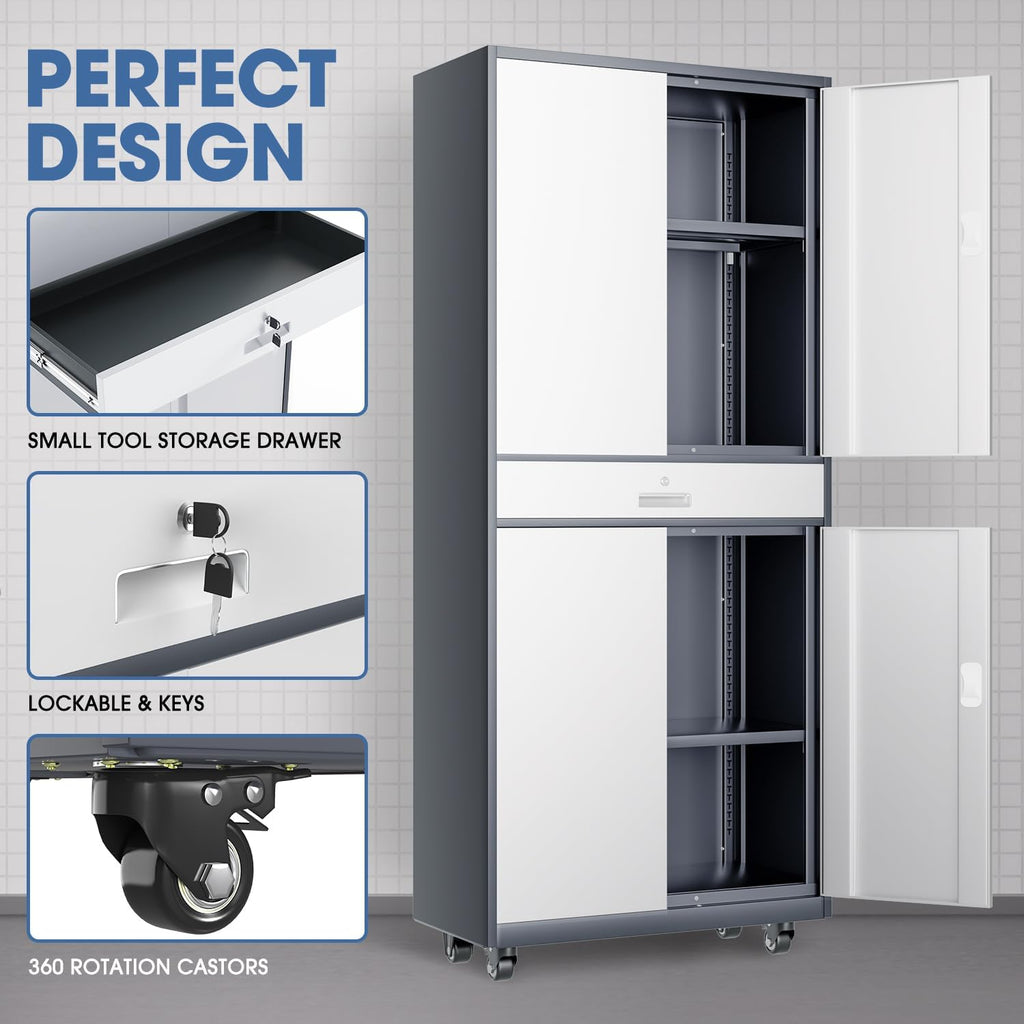 DNA Motoring 73'' Metal Storage Cabinet, Rolling Garage Cabinet with 1 Drawer and Adjustable Shelves, Lockable Heavy Duty Metal Locker for Garage,Office,Home,Gray White, TOOLS-00630-GY-WH-A