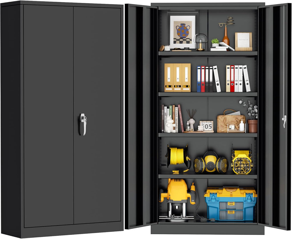 Greenvelly 72' H Metal Storage Cabinet with 2 Doors and 4 Adjustable Shelves, Black Metal Cabinet with Lock,Garage Cabinets Steel Tool Cabinet for Office,Home, Garage, Gym, School