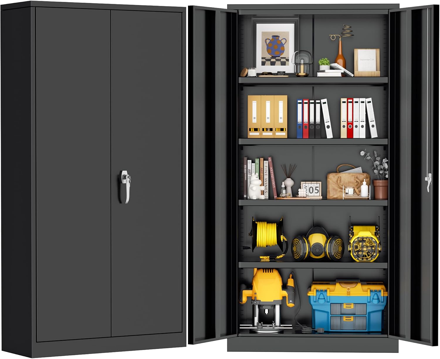 Greenvelly 72' H Metal Storage Cabinet with 2 Doors and 4 Adjustable Shelves, Black Metal Cabinet with Lock,Garage Cabinets Steel Tool Cabinet for Office,Home, Garage, Gym, School