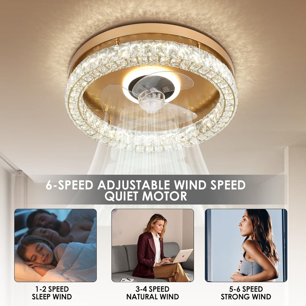 CLAIRDAI Crystal Ceiling Fans with Lights Flush Mount Ceiling Fan with Remotel Control Dimmable LED Low Profile Ceiling Fan 6 Speeds Reversible Blades Timing with Remote Control Gold