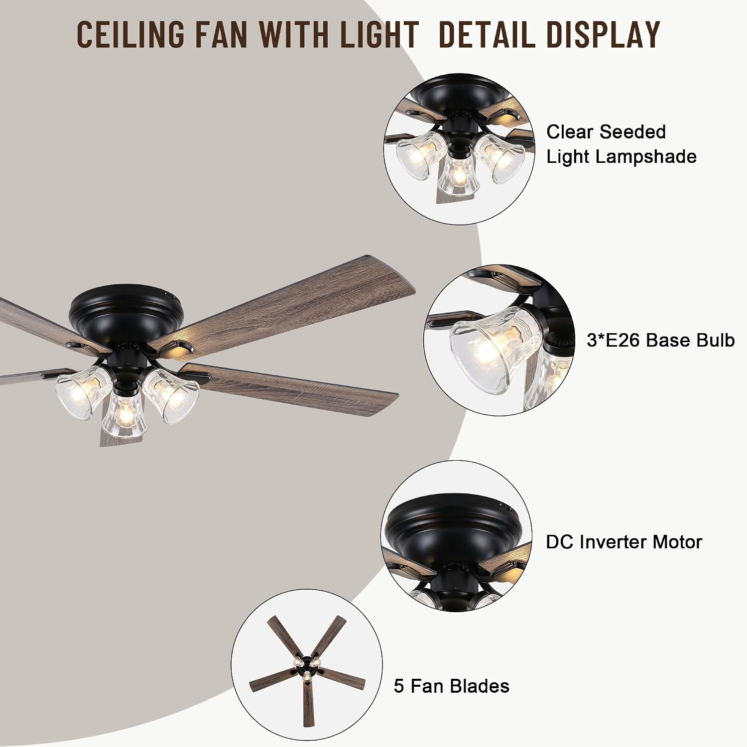60'' Flush Mount Ceiling Fan with Light and Remote, 5 Reversible Wood Blades,3 Clear Seeded Glass Light Fixtures,6-Speed Quiet DC Motor,Farmhouse Ceiling Fan for Bedroom Living Room Patio