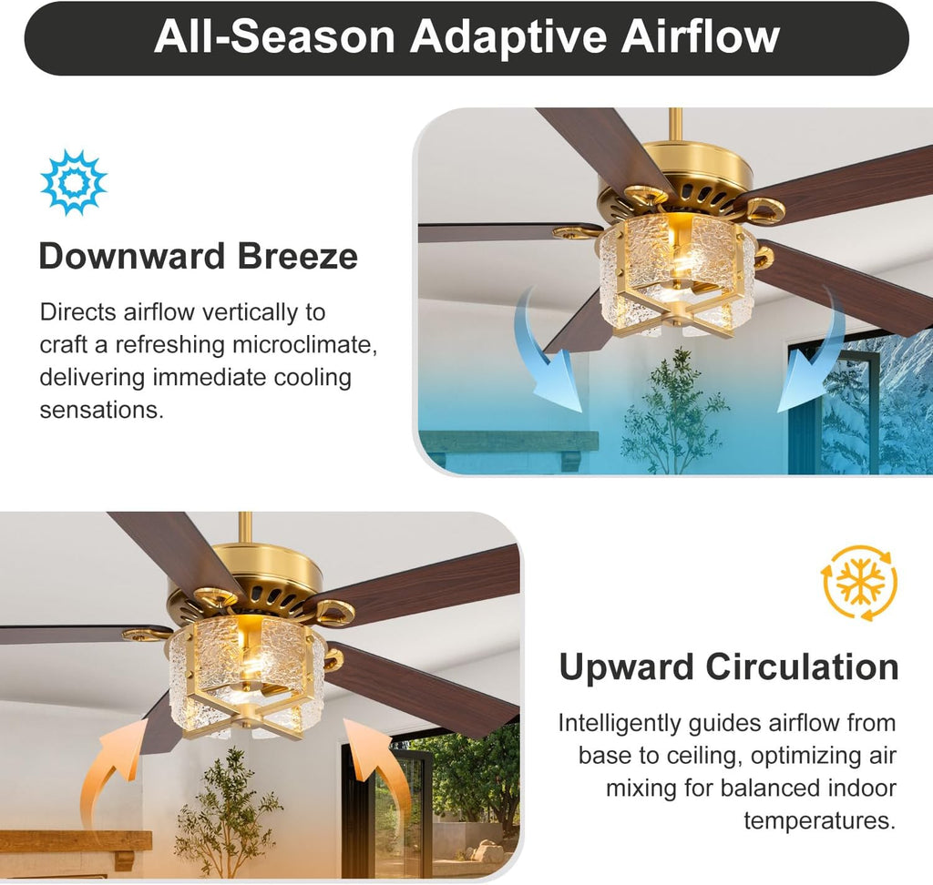 52 Inch Rustic Farmhouse Ceiling Fan with Light & Remote, Ultra Quiet DC Motor, Reversible 5-Blade Design Antique Ceiling Fan Light Dual Downrod for Low/High Ceilings - Modern Black Gold