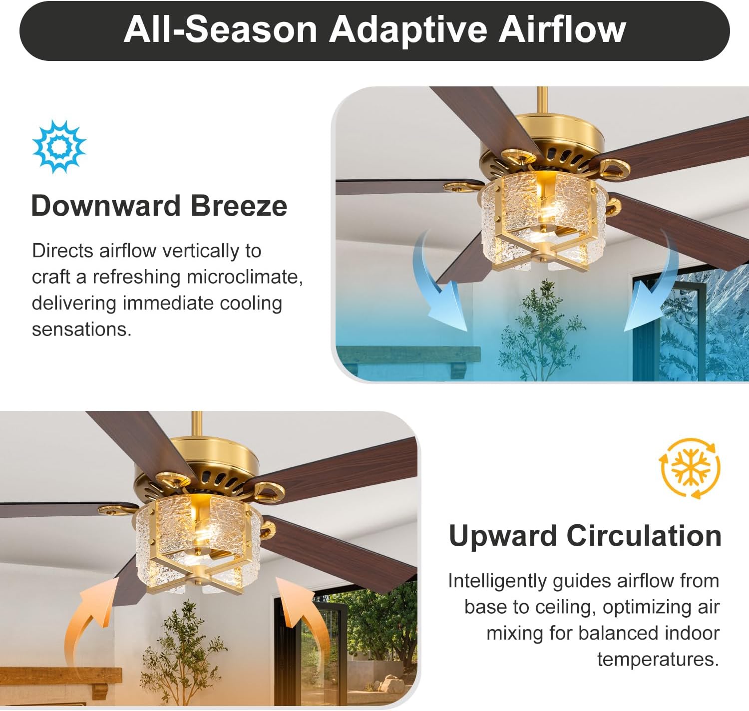 52 Inch Rustic Farmhouse Ceiling Fan with Light & Remote, Ultra Quiet DC Motor, Reversible 5-Blade Design Antique Ceiling Fan Light Dual Downrod for Low/High Ceilings - Modern Black Gold
