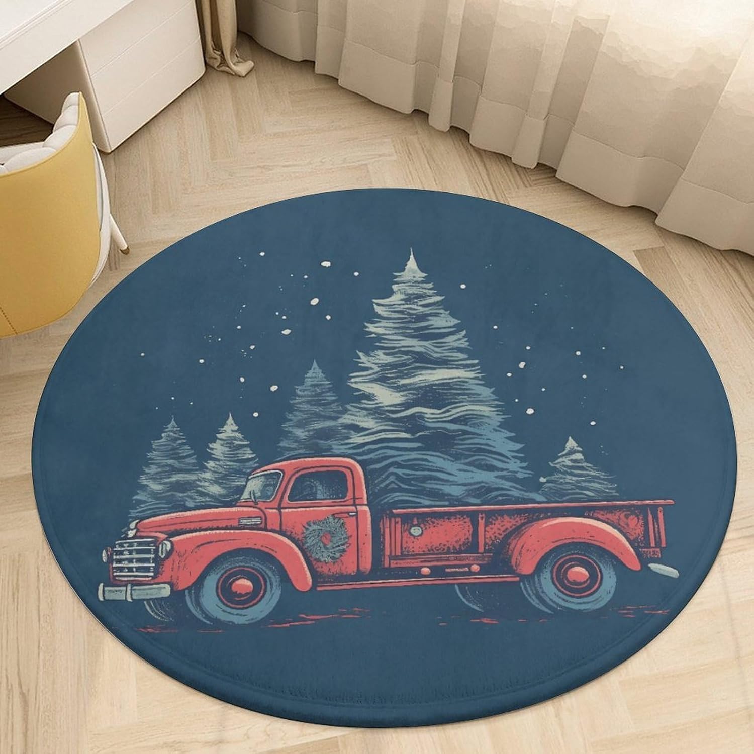 Red Truck with Christmas Tree Coral Velvet Round Floor Mat Non-Slip Bath Rug Floor Covering for Bathroom Vanity Guest Suite & Vacation Home