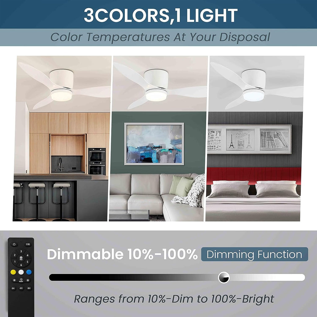 GESUM 42 Inch Ceiling Fans with Lights, Flush Mount Ceiling Fan with APP and Remote Control, Reversible, 6 Speeds, 3CCT Dimmable, White Ceiling Fan with Light for Living Room Bedroom (White)