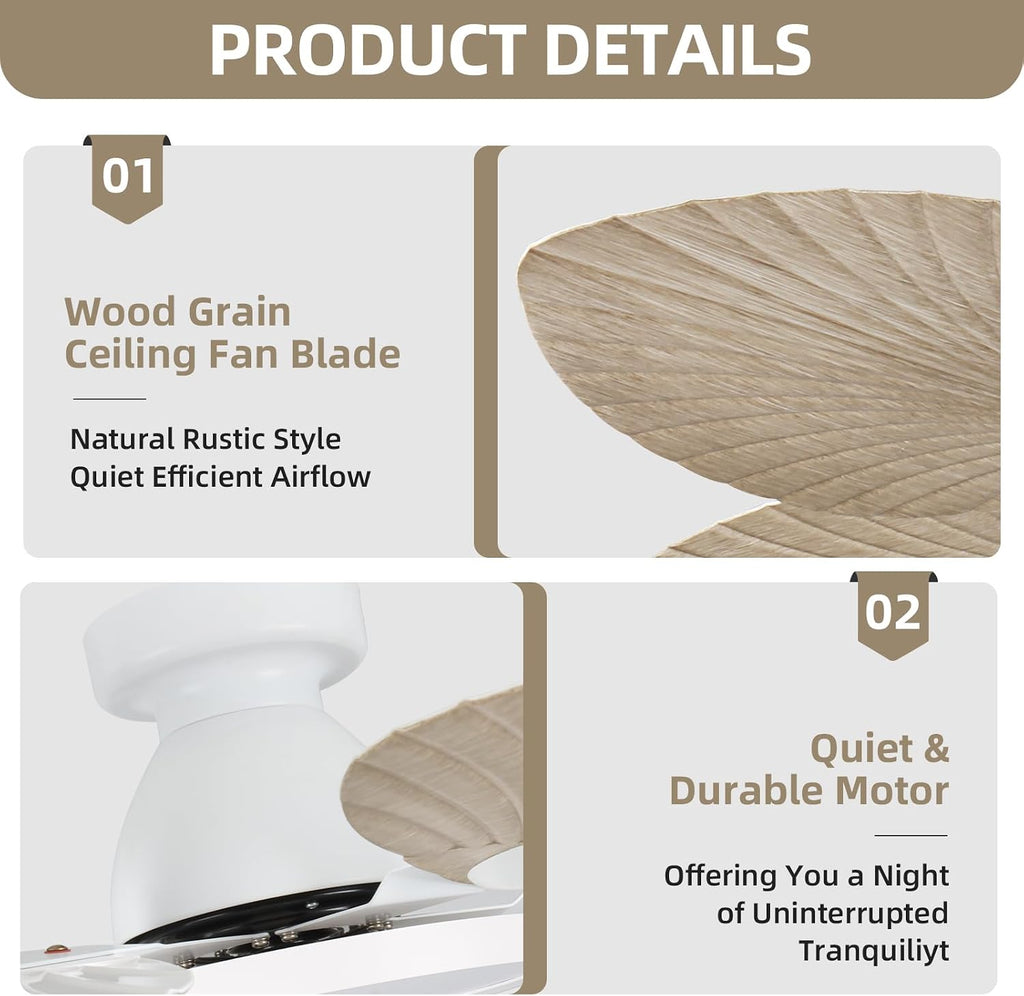 52 Inch Flush Mount Ceiling Fan with Light and Remote, Low Profile Hugger Ceiling Fan with Boho Palm Leaf Blades, Quiet DC Motor, Dimmable LED, for Bedroom, Living Room, Covered Patio