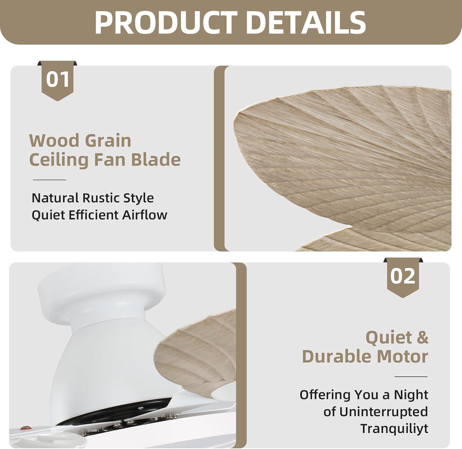 52 Inch Flush Mount Ceiling Fan with Light and Remote, Low Profile Hugger Ceiling Fan with Boho Palm Leaf Blades, Quiet DC Motor, Dimmable LED, for Bedroom, Living Room, Covered Patio