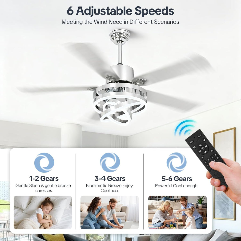 52' Ceilling Fan with Light Chandelier Fan Modern DC Motor Dimmable Led Fandelier Ceiling Fan with Light for Bedroom, Living Room Silver