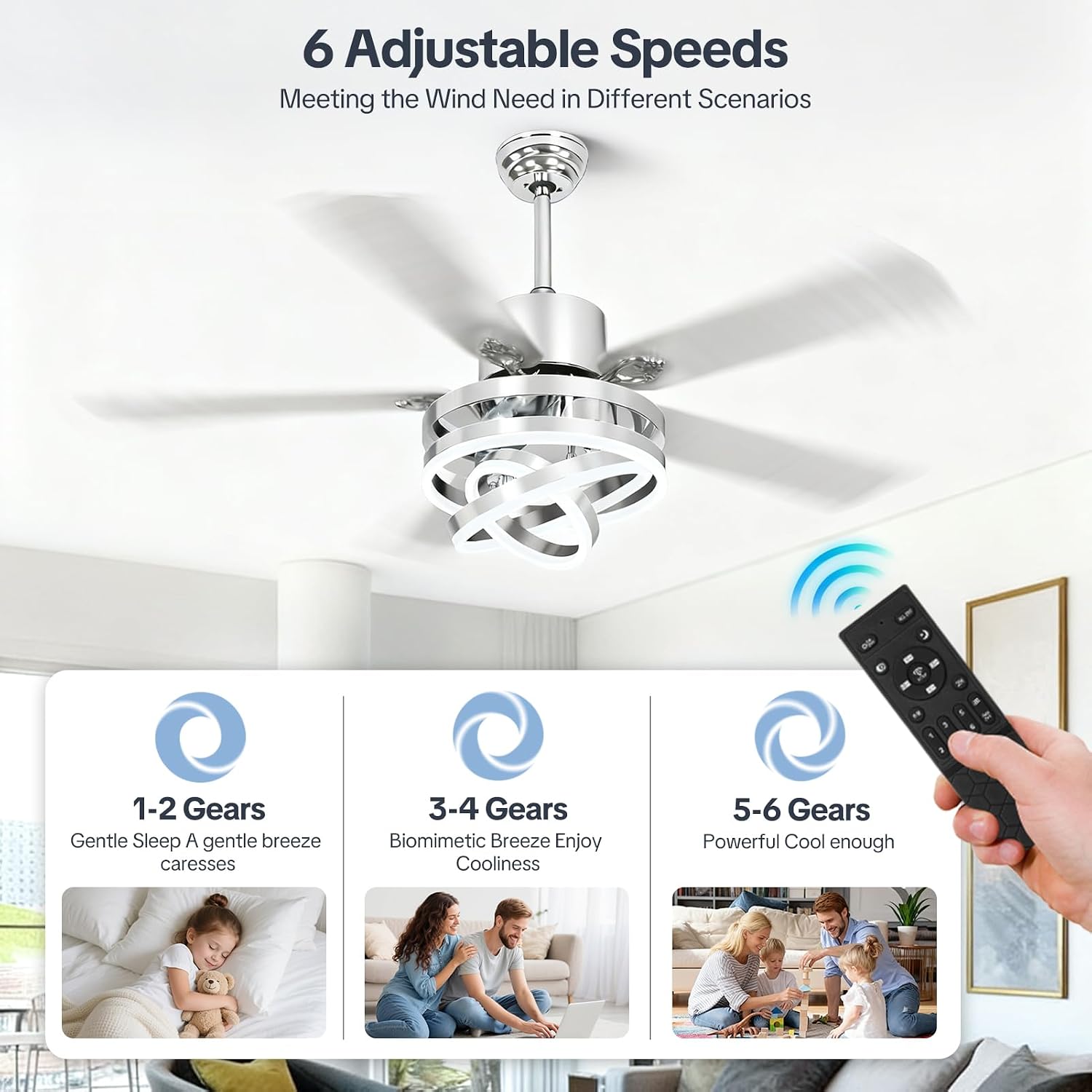 52' Ceilling Fan with Light Chandelier Fan Modern DC Motor Dimmable Led Fandelier Ceiling Fan with Light for Bedroom, Living Room Silver