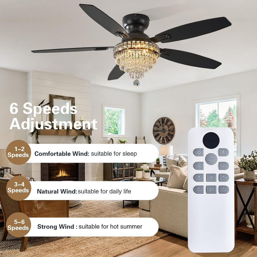 Crystal Ceiling Fan Fandelier with Lights-Ceiling Fans with Lights,54' Low Profile and Remote Control, Flush Mount, Reversible, Dimmable, Noiseless, Black Ceiling Fan for Bedroom