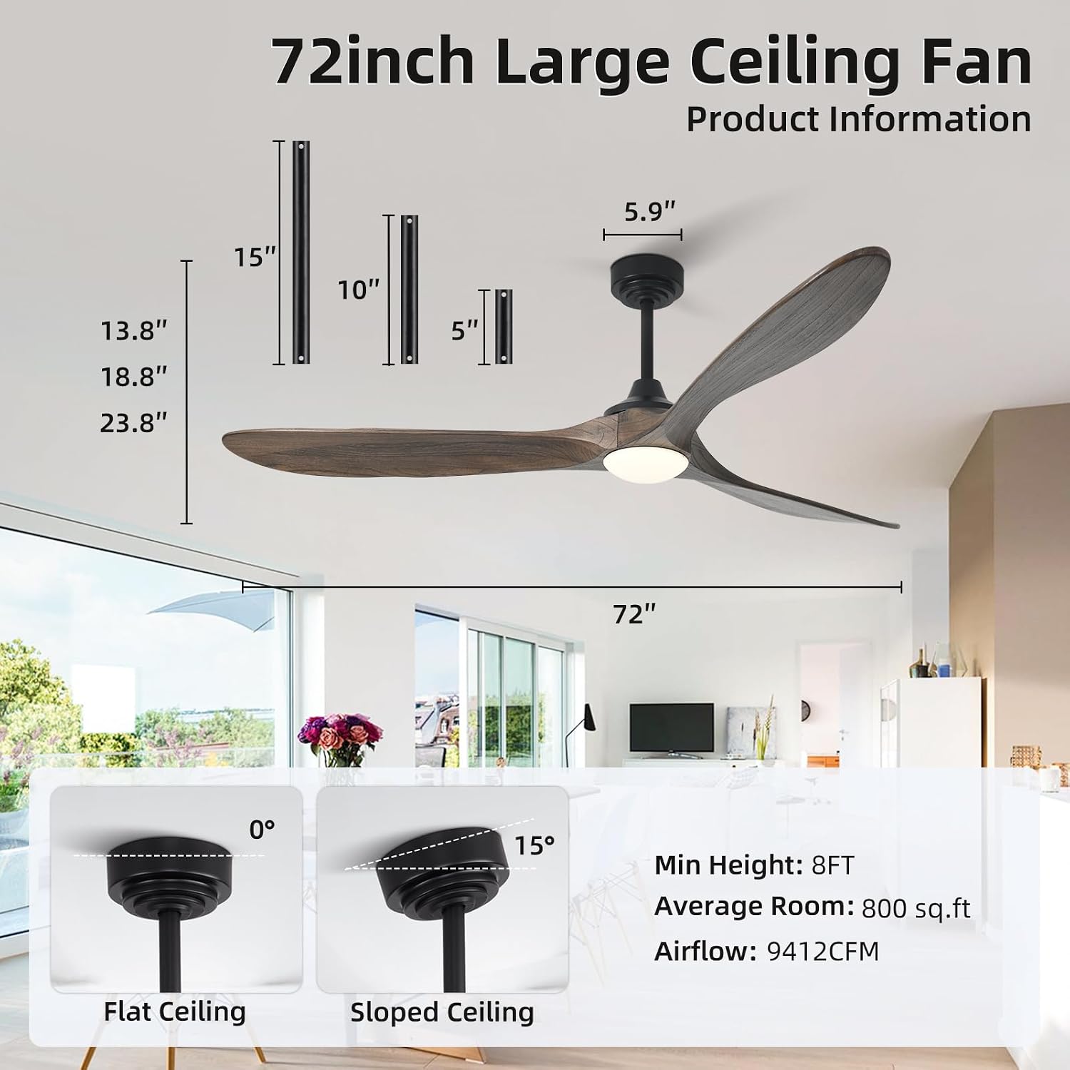 Ceiling Fan with Lights, 72'' Solid Wood Indoor/Outdoor Ceiling Fan with Quiet Reversible DC Motor, Compatible with Alexa/Google, 3CCT Dimmable, 6 Speeds Dark Brown Outdoor Fan for Patio Porch