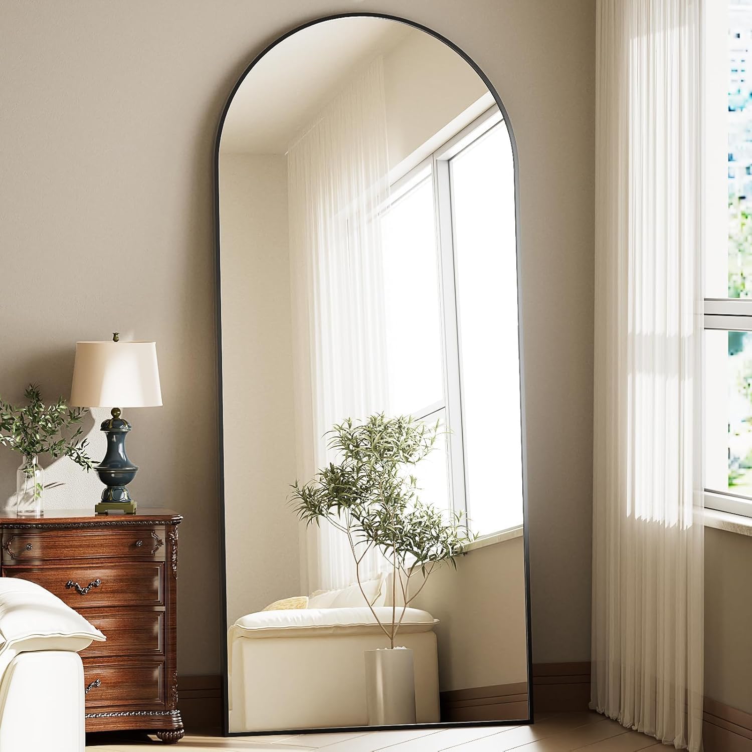 Full Body Mirror 26x71 inch Arched Full Length Mirror with Stand Aluminum Wall Mounted Hanging or Leaning Standing Mirrors, Black