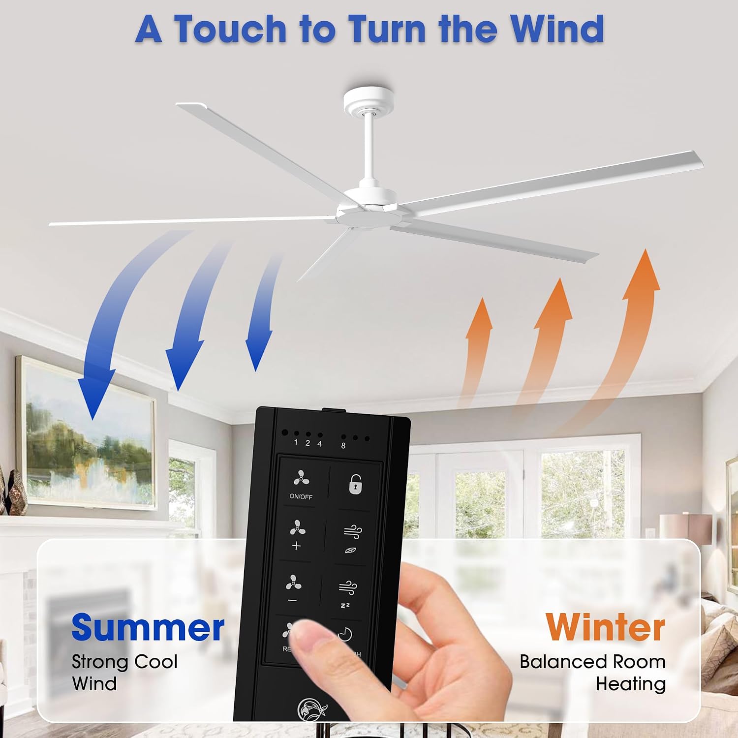 White Ceiling Fan No Light, 72 Inch Waterproof Outdoor Ceiling Fans for Patios, Remote Control, Industrial Ceiling Fans Without Lights, 6-Speed Reversible DC Motor, 5 Aluminum Blades, Timer