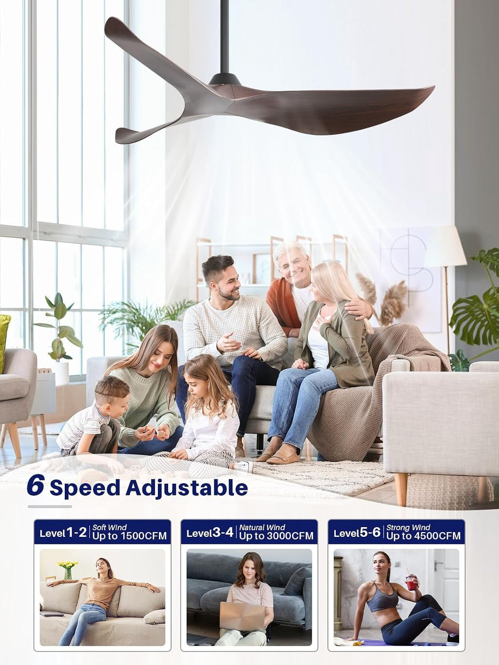 Sofucor 38 Inch Smart Ceiling Fan No Light, Modern Ceiling Fan with Remote Control, Quiet Reversible DC Motor, 6-Speed Noiseless Indoor Ceiling Fan for Bedroom Living Room Covered Patio Porch