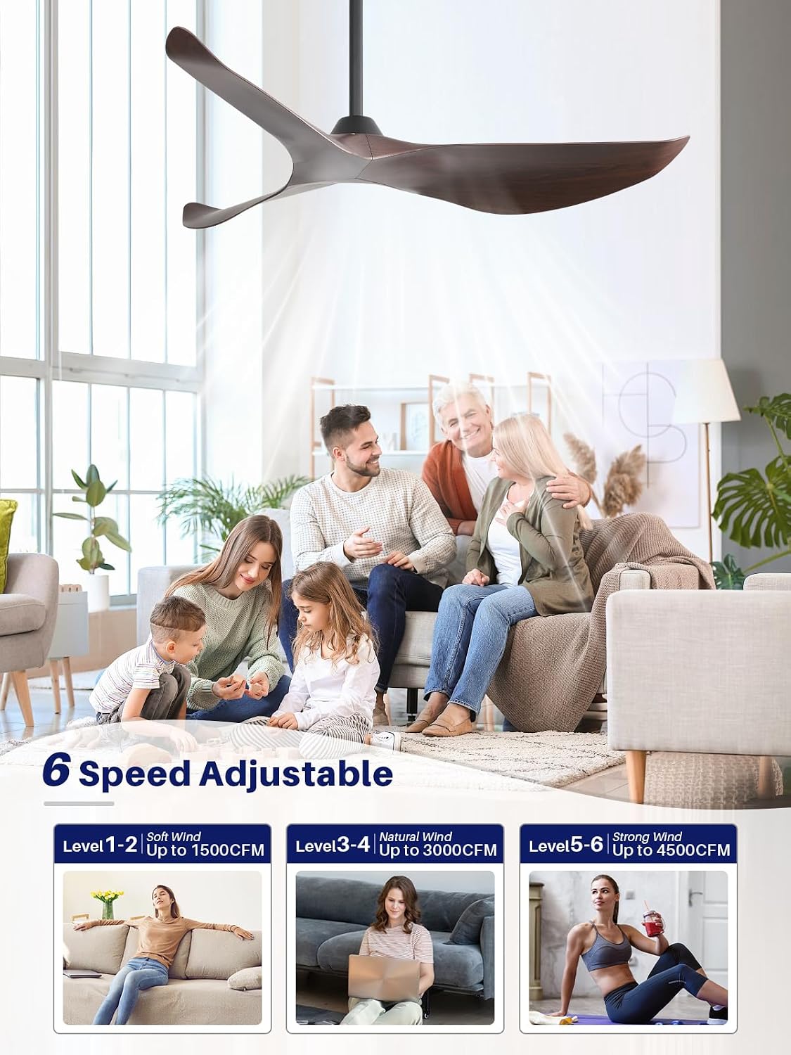Sofucor 38 Inch Smart Ceiling Fan No Light, Modern Ceiling Fan with Remote Control, Quiet Reversible DC Motor, 6-Speed Noiseless Indoor Ceiling Fan for Bedroom Living Room Covered Patio Porch