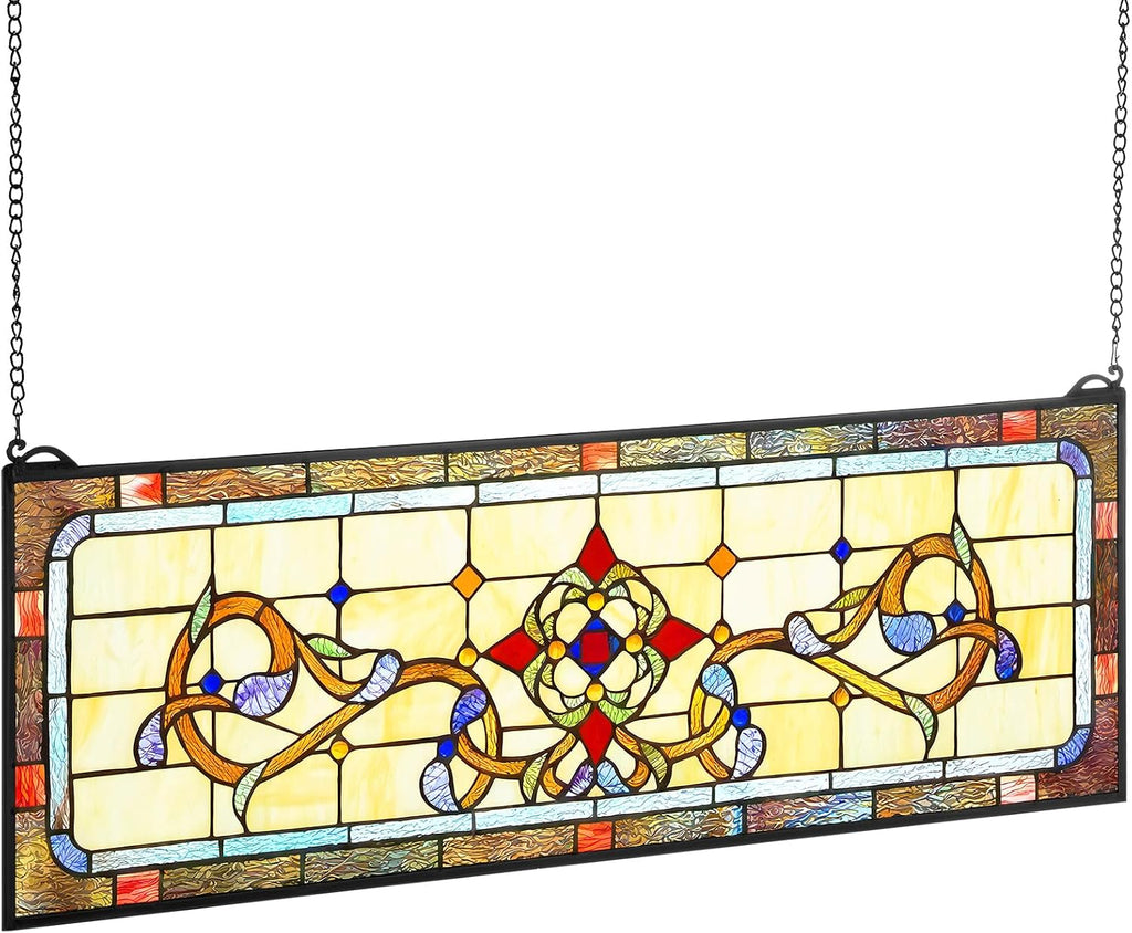 VEVOR Stained Glass Window Panel, 32' x 11' Tiffany Style Hanging Transom Window Panel with Chain, Large Horizontal Rectangle Stain Glass, Vintage Traditional Art Handcrafts for Kitchen Home Decor