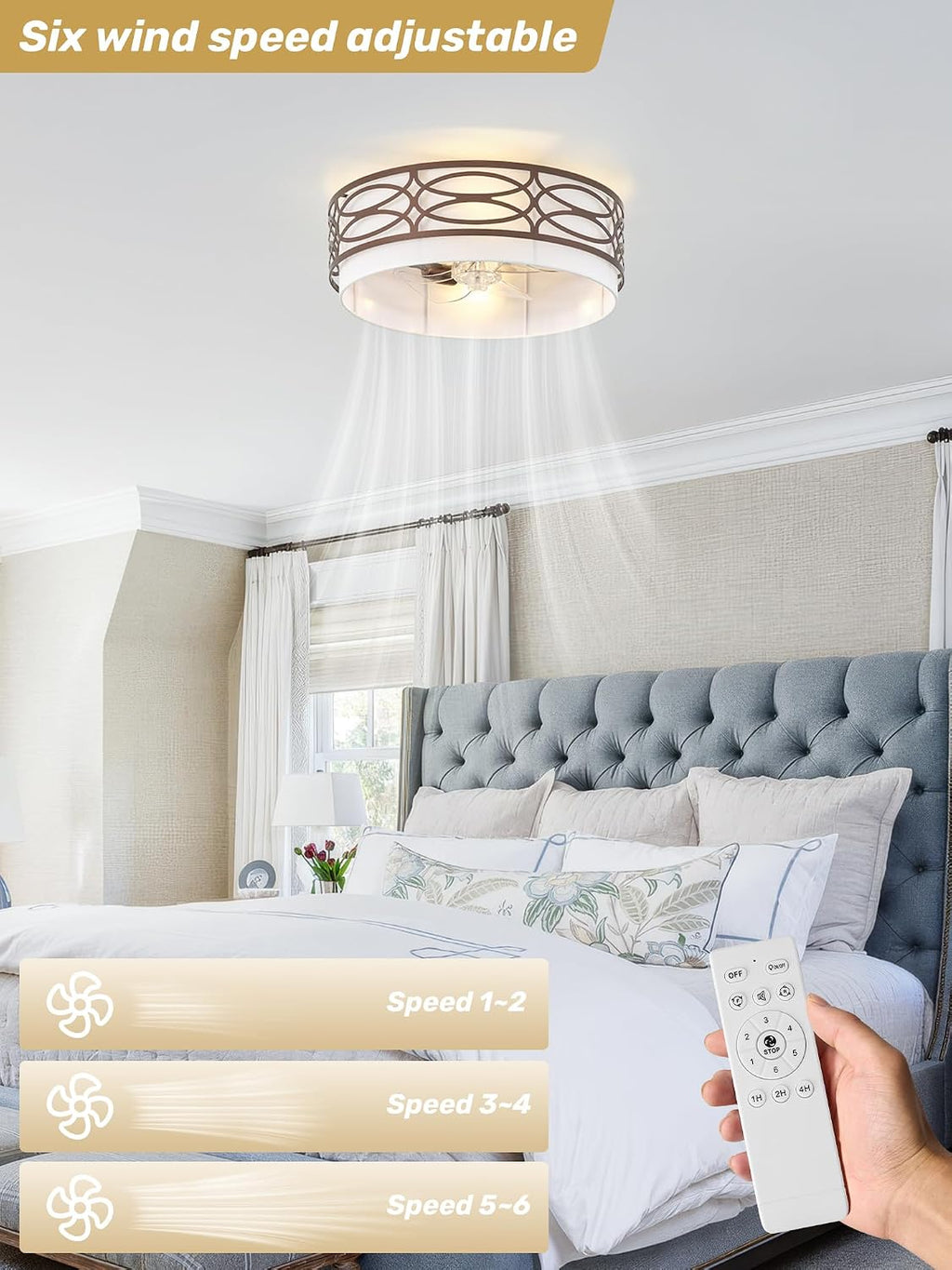 20' Brown Flush Mount Ceiling Fan with Light, Caged Boho Ceiling Fan with Lights Remote Control with 6 Speeds for Bedroom, Living Room, Nursery