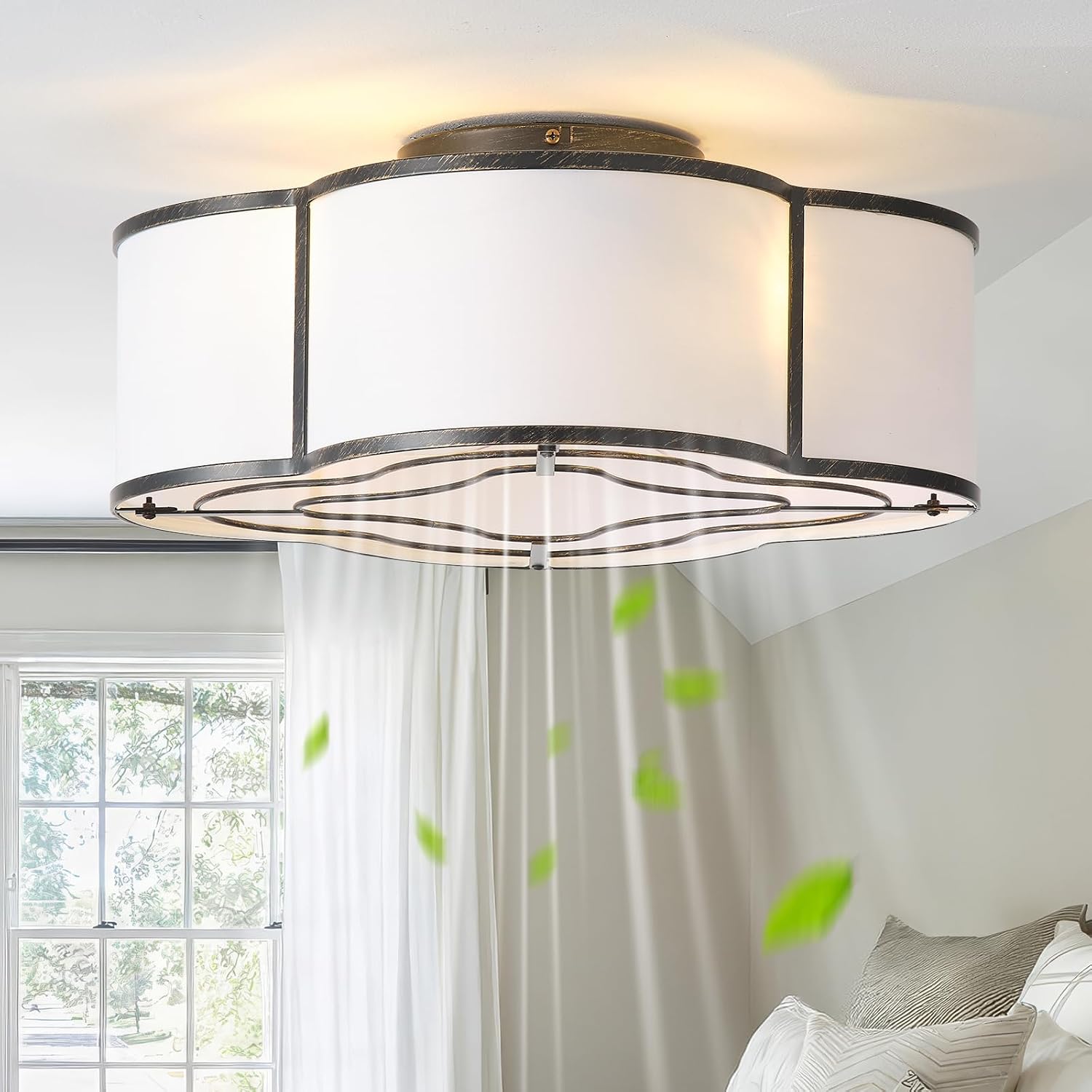 Black Caged Boho Ceiling Fan with Lights, 20' Flush Mount Ceiling Fans with Lights Remote Control, Low Profile Bladeless with 6 Speeds for Bedroom, Nursery, Kitchen