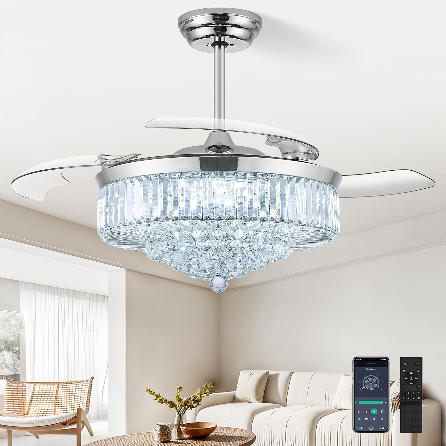 52 Inch Fandelier Ceiling Fan with Light, Retractable Chandelier Fan LED Dimmable Crystal Ceiling Fan for Bedroom Living Room Dining Room-Chrome