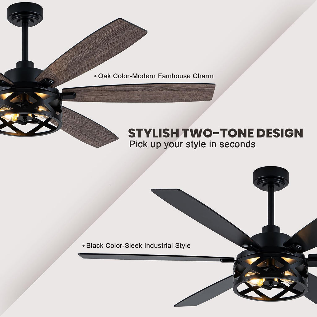 Dawn Whisper 60 Inch Farmhouse Ceiling Fans with Lights and Remote Large Black Caged Rustic Chandelier Ceiling Fan for Bedroom Living Room Quiet and Reversible DC Motor 6 Speeds