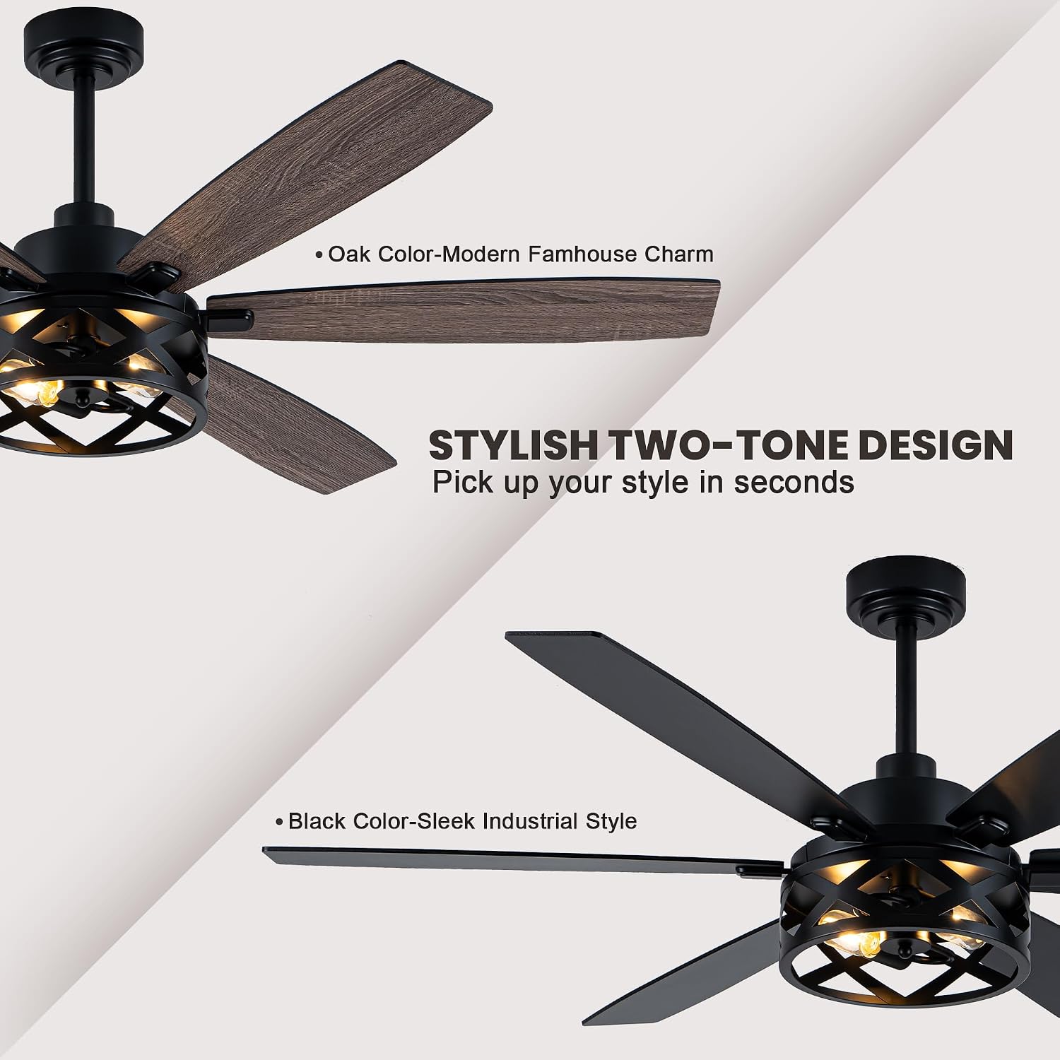Dawn Whisper 60 Inch Farmhouse Ceiling Fans with Lights and Remote Large Black Caged Rustic Chandelier Ceiling Fan for Bedroom Living Room Quiet and Reversible DC Motor 6 Speeds