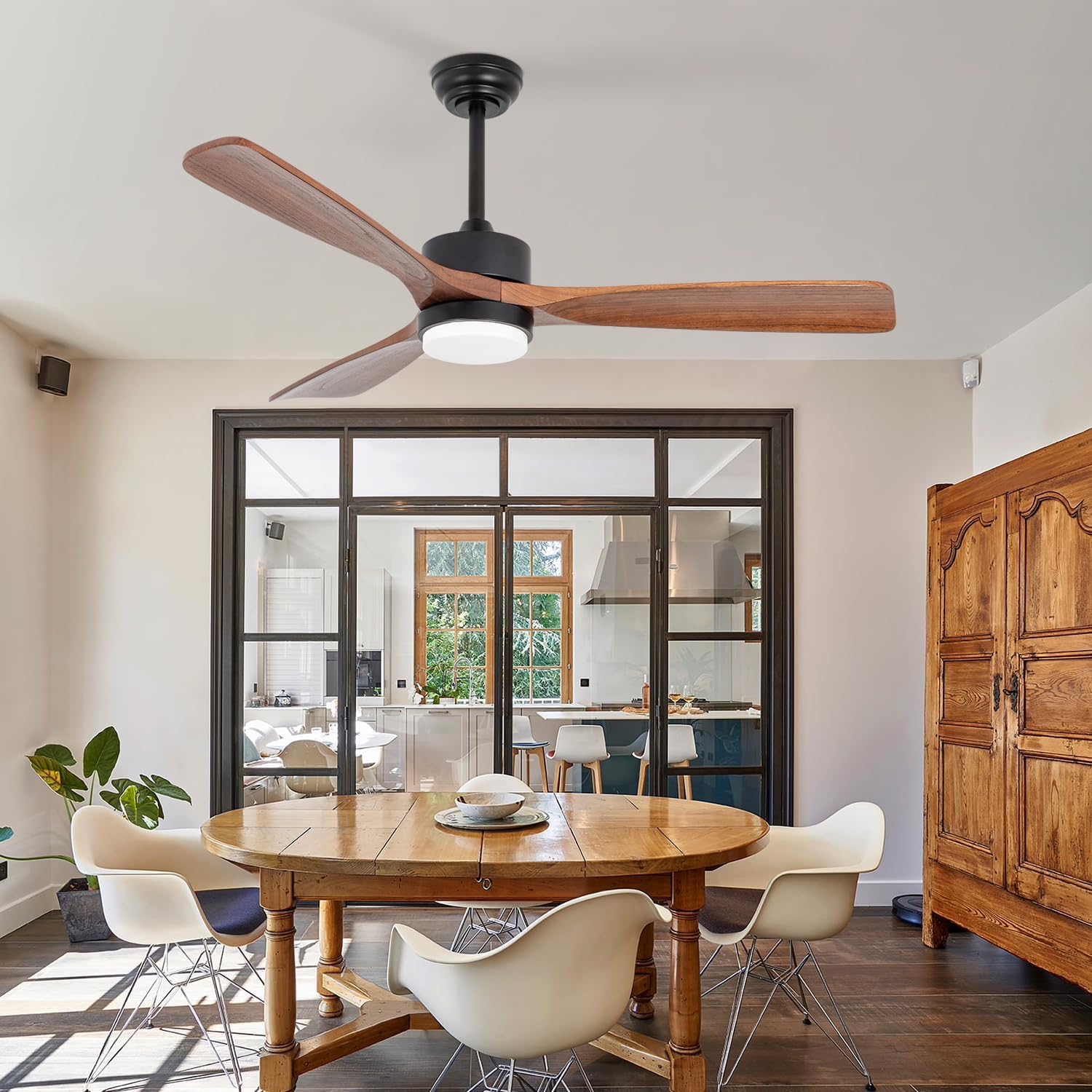 52 inch Wood Ceiling Fans with Lights, Modern Ceiling Fan with Lights and Remote Control for Patios, 3 Color light, 6 Speed，DC Motor for Living Room Bedroom Outdoor