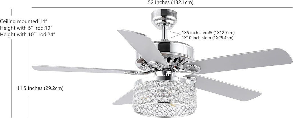 JONATHAN Y 52' Chrome 3-Light Crystal and Metal Drum LED Ceiling Fan with Remote, Modern Glam 5-Blade Indoor Fixture, Clear Crystal Prism Shade, LED Bulbs Included JYL9709A