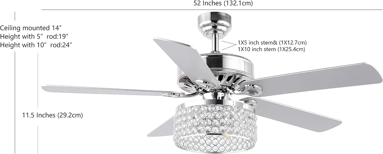 JONATHAN Y 52' Chrome 3-Light Crystal and Metal Drum LED Ceiling Fan with Remote, Modern Glam 5-Blade Indoor Fixture, Clear Crystal Prism Shade, LED Bulbs Included JYL9709A