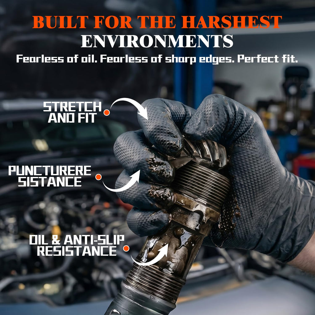 ANBOSON 10mil Nitrile-Gloves Disposable - Chemical-Resistant Rubber - Mechanic Gloves Heavy Duty, Latex Free, Diamond Grip (1000,Black Large)