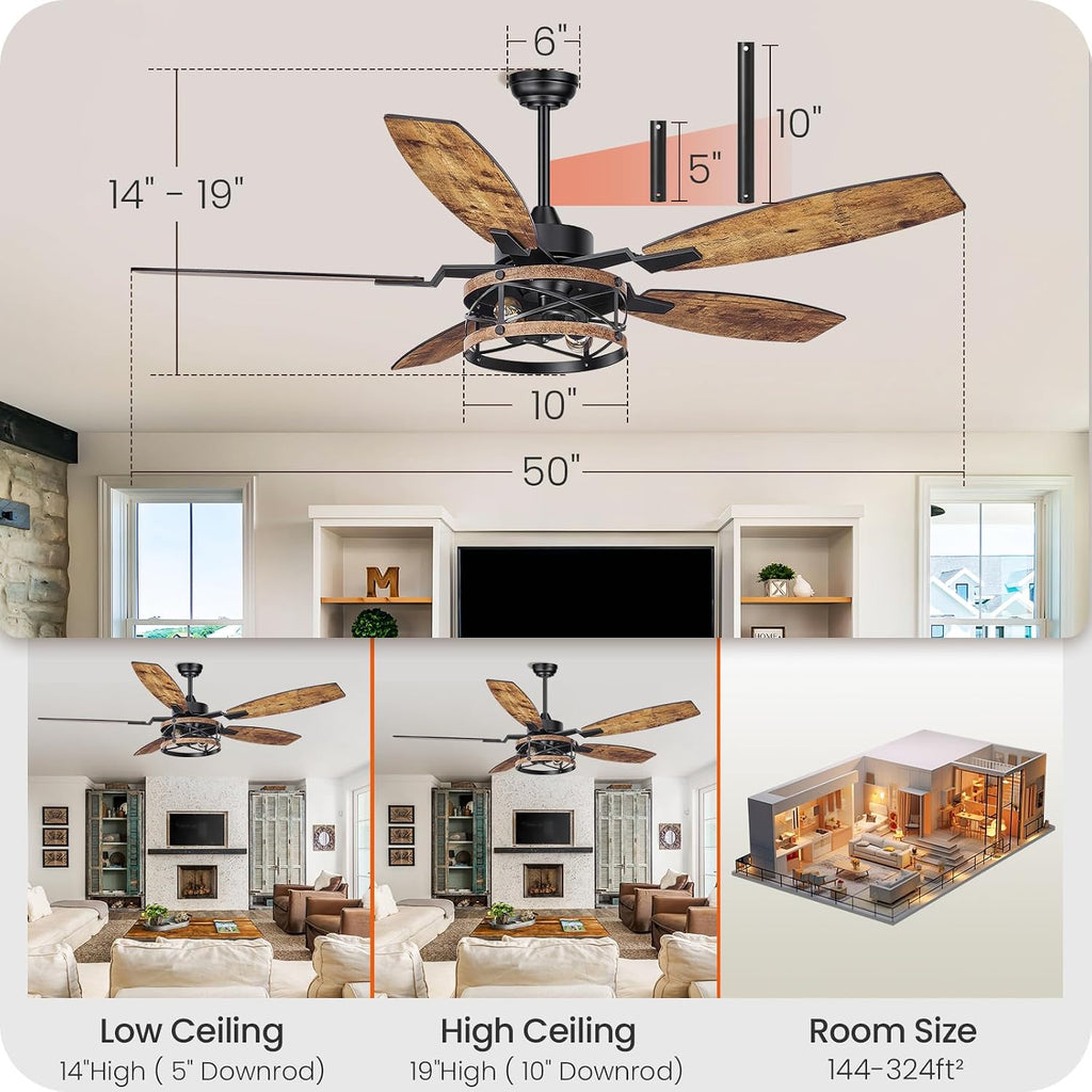 50 Inch Farmhouse Ceiling Fan with Lights and Remote, Timer, Dual Finish 5 Blades (Rustic Brown and Black), 6 Speeds, Reversible DC Motor, Rustic & Industrial Caged Ceiling Fan for Bedroom B04CF05