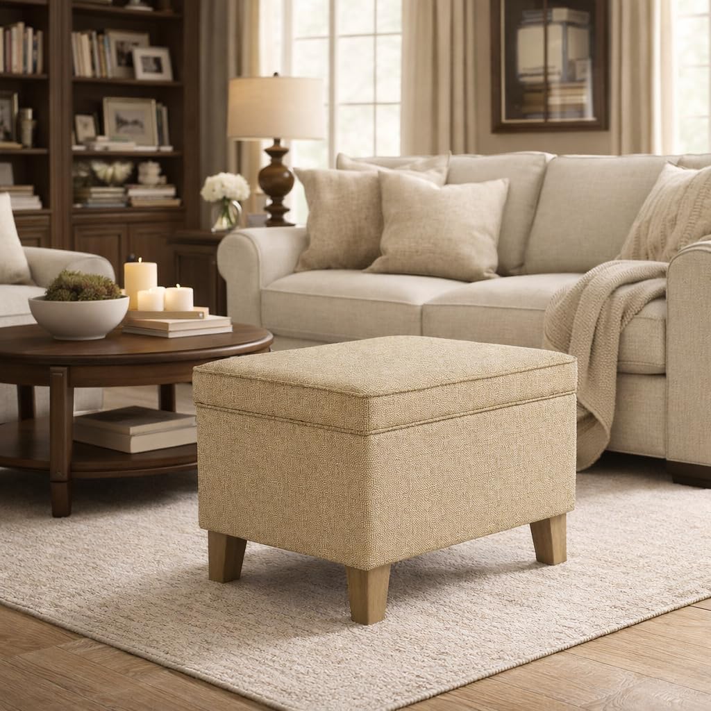 Homepop Home Decor | Medium Square Storage Ottoman with Hinged Lid | Ottoman with Storage for Living Room & Bedroom, Tan